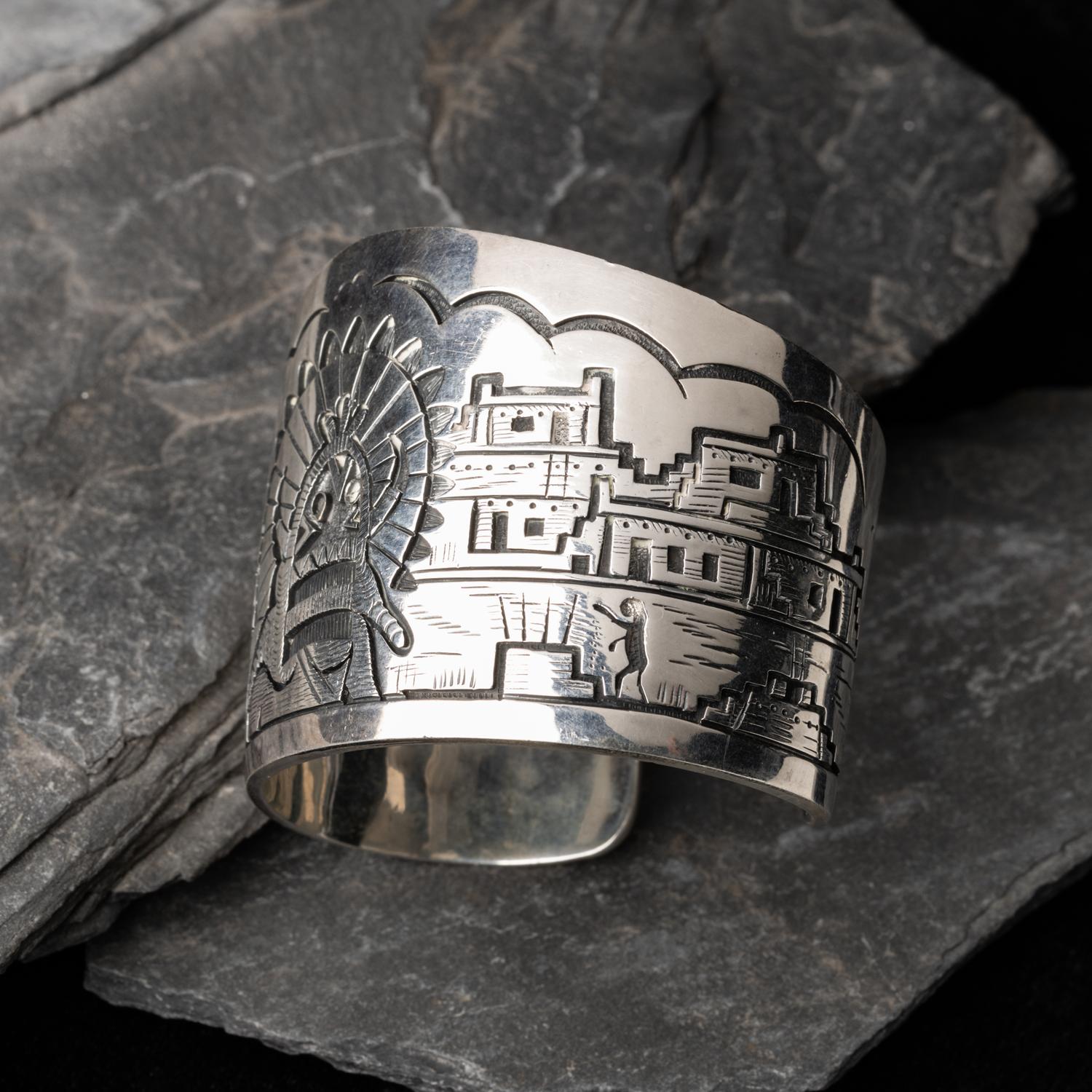 Victor Coochwytewa (Hopi, 1922-2011) — Silver Overlay Katsina and Pueblo Cuff Bracelet