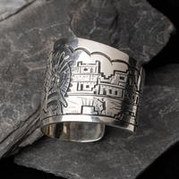 Victor Coochwytewa (Hopi, 1922-2011) — Silver Overlay Katsina and Pueblo Cuff Bracelet
