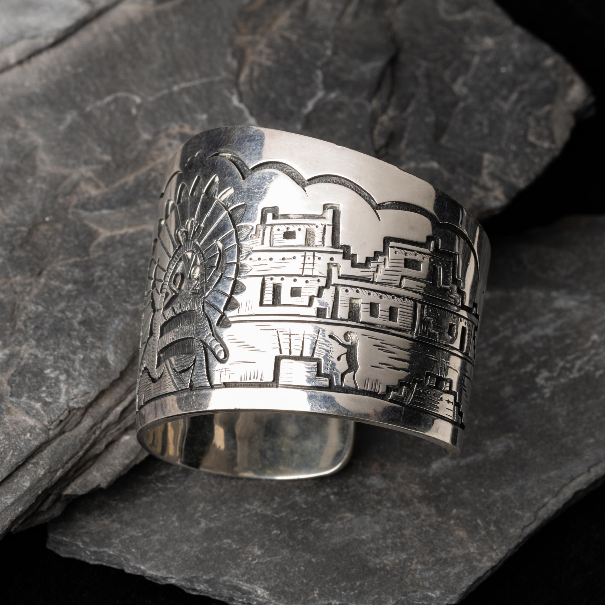 Victor Coochwytewa (Hopi, 1922-2011) — Silver Overlay Katsina and Pueblo Cuff Bracelet