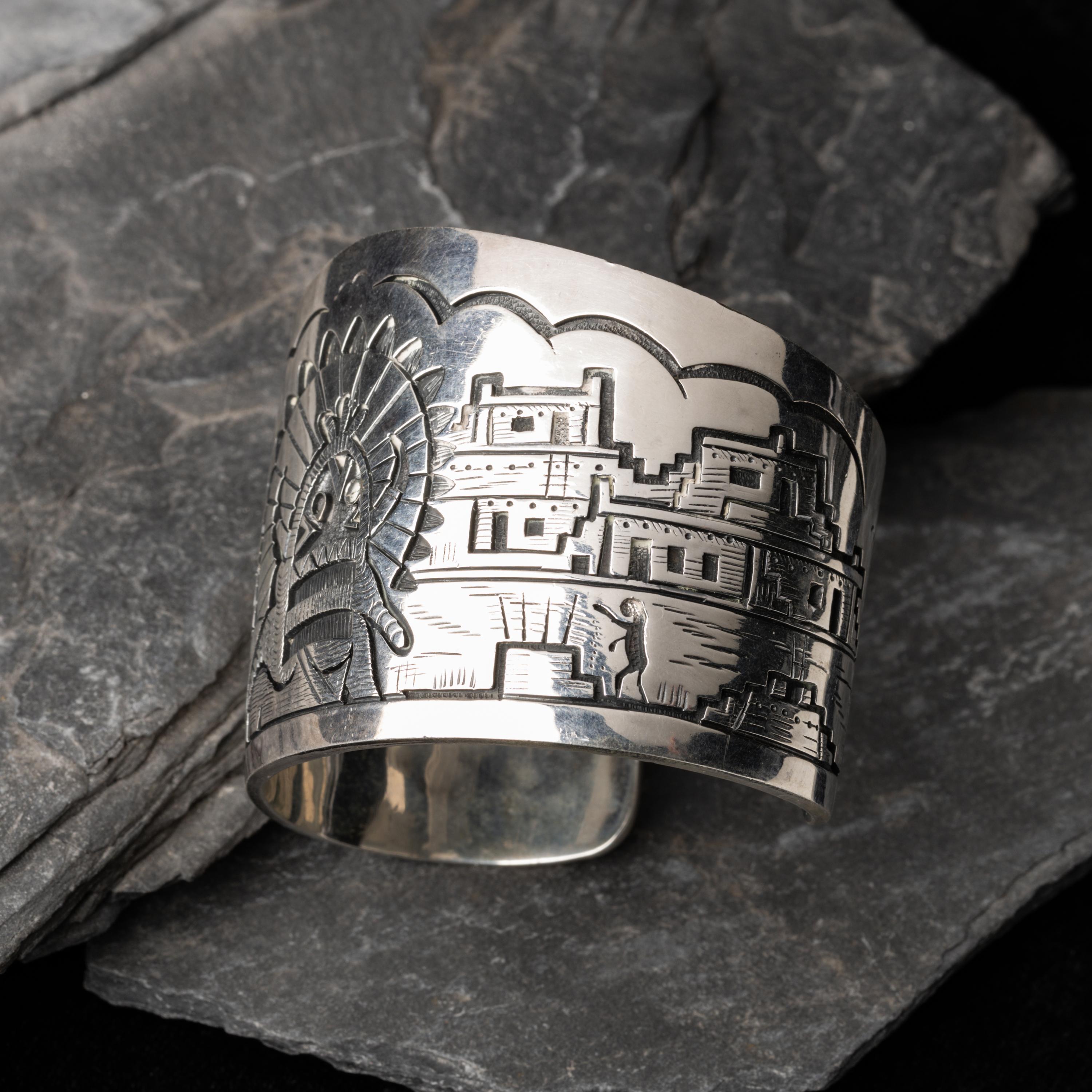 Victor Coochwytewa (Hopi, 1922-2011) — Silver Overlay Katsina and Pueblo Cuff Bracelet