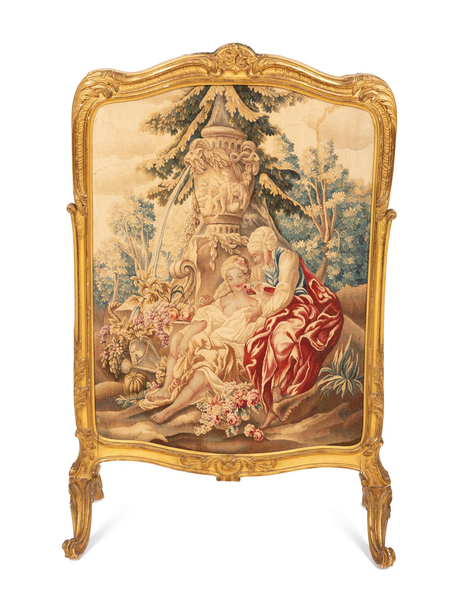 A Louis XV Style Aubusson Tapestry-Inset Giltwood Fire Screen