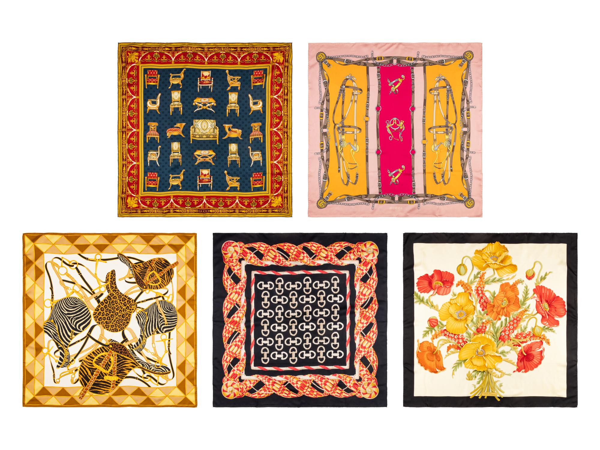 Gucci & Ferragamo, Five Silk Scarves