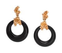 A Pair of 14 Karat Yellow Gold and Onyx Earclips,