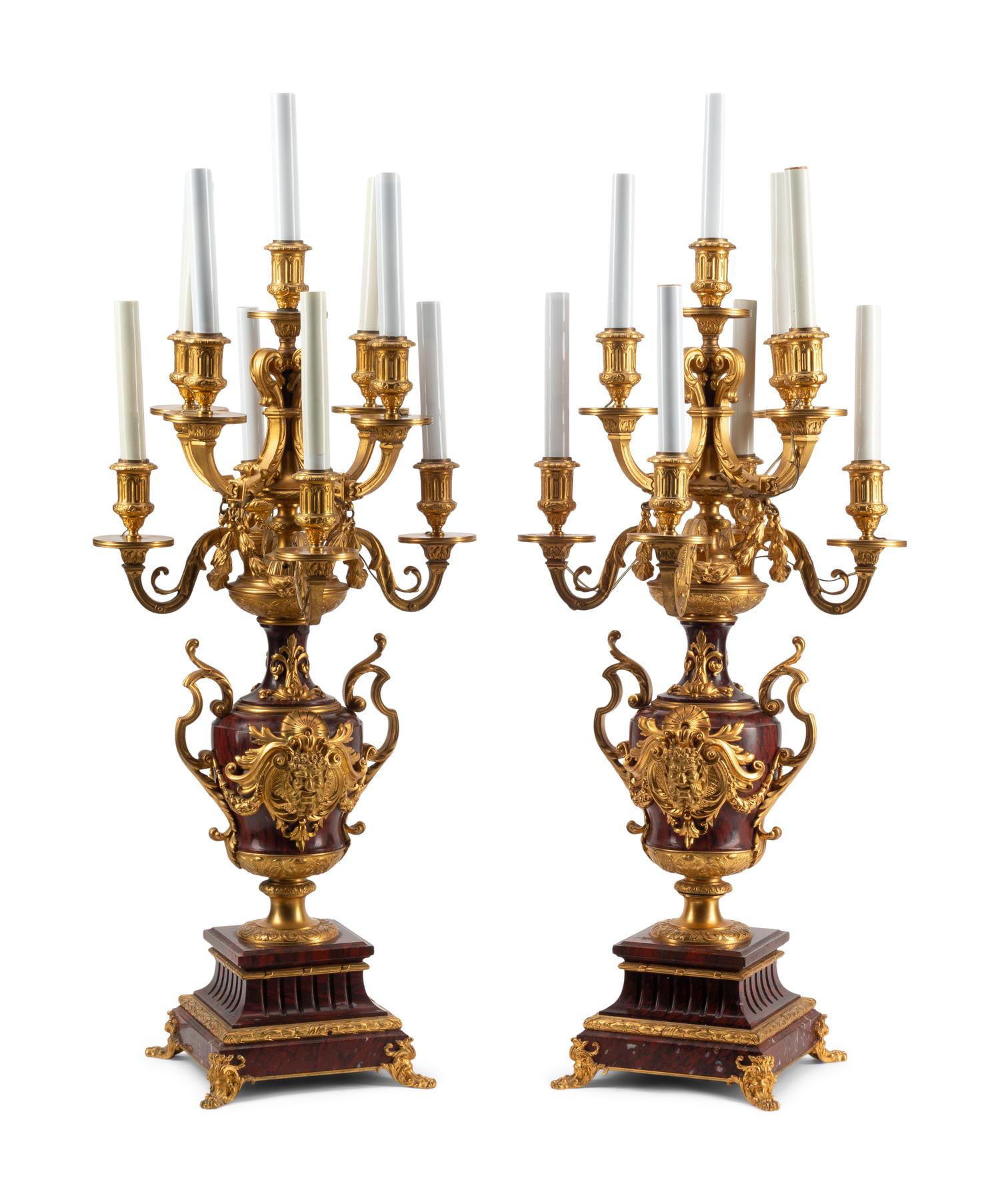 A Pair of Napoleon III Gilt Bronze and Rouge Griotte Marble Nine-Light Candelabra