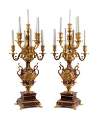 A Pair of Napoleon III Gilt Bronze and Rouge Griotte Marble Nine-Light Candelabra