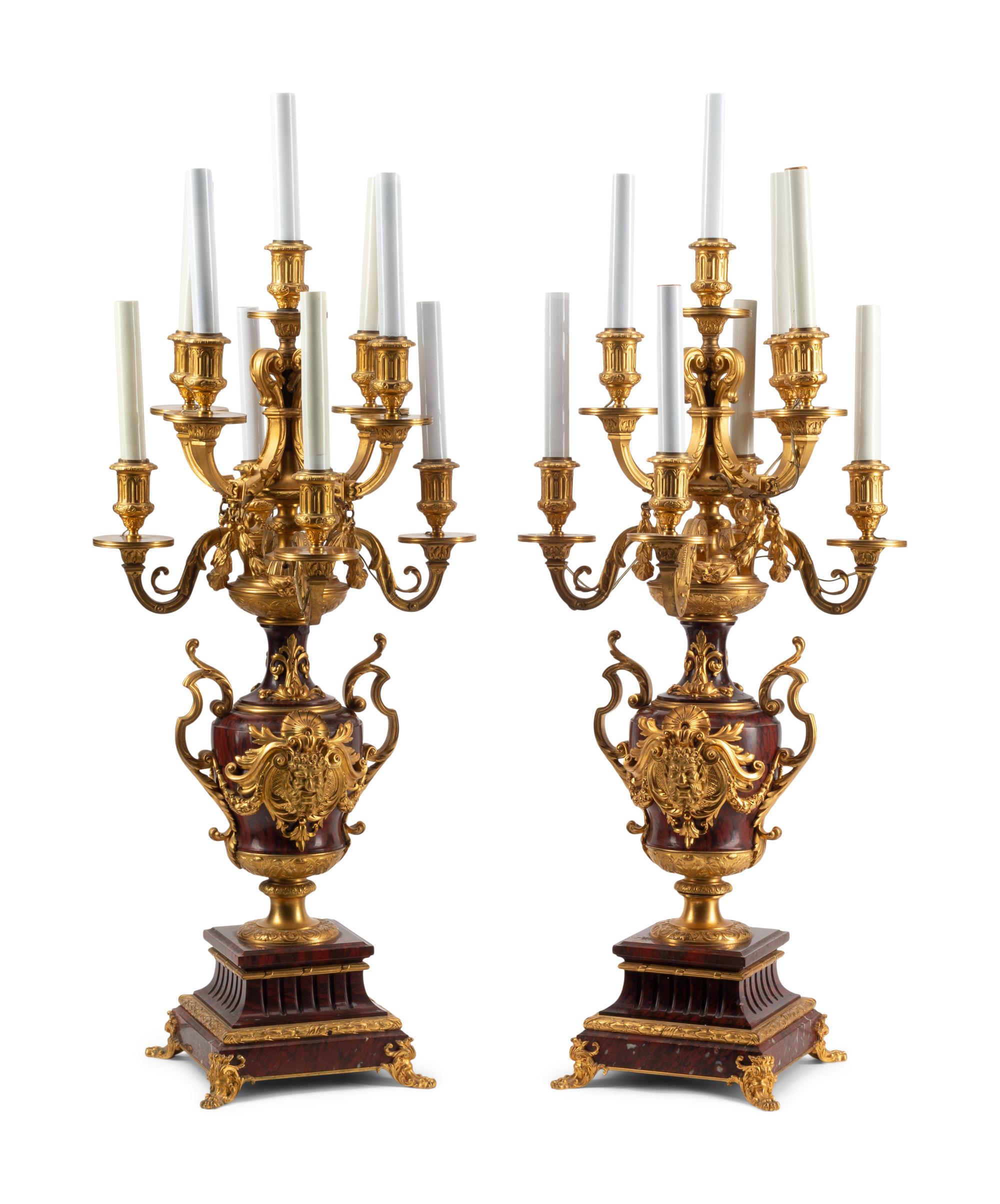 A Pair of Napoleon III Gilt Bronze and Rouge Griotte Marble Nine-Light Candelabra
