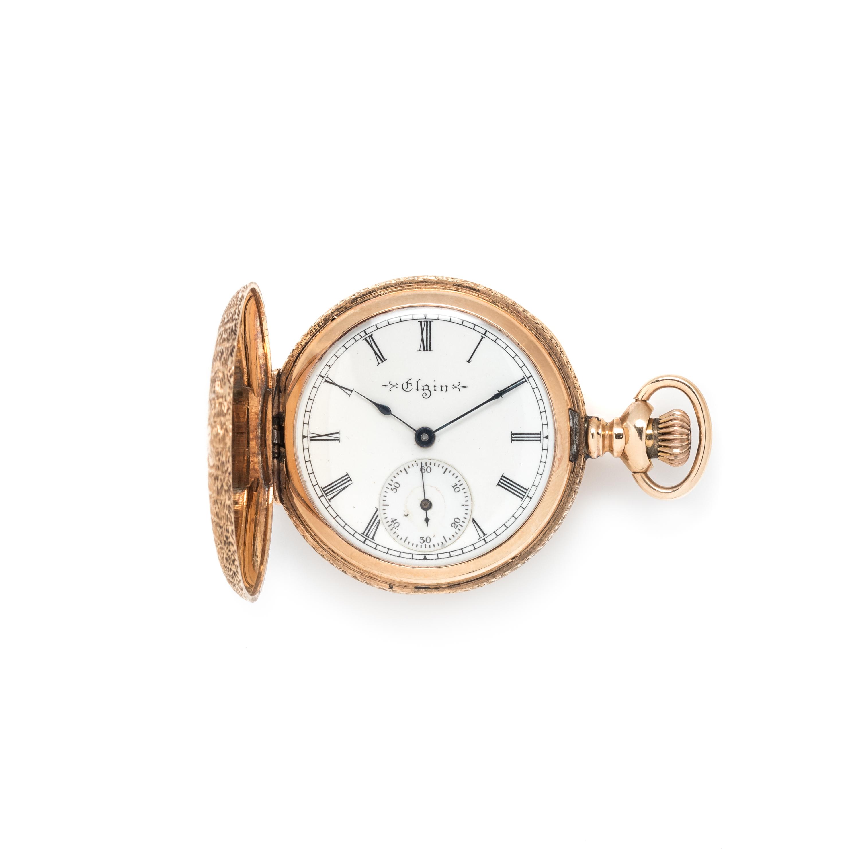 ELGIN, 14K PINK GOLD HUNTER CASE POCKET WATCH AND FOB CHAIN