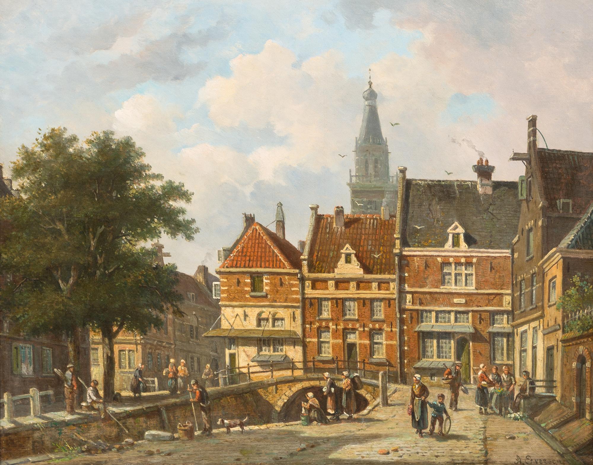 Adrianus Eversen, (Dutch, 1818-1897), View of the Zuiderspui in Enkhuizen