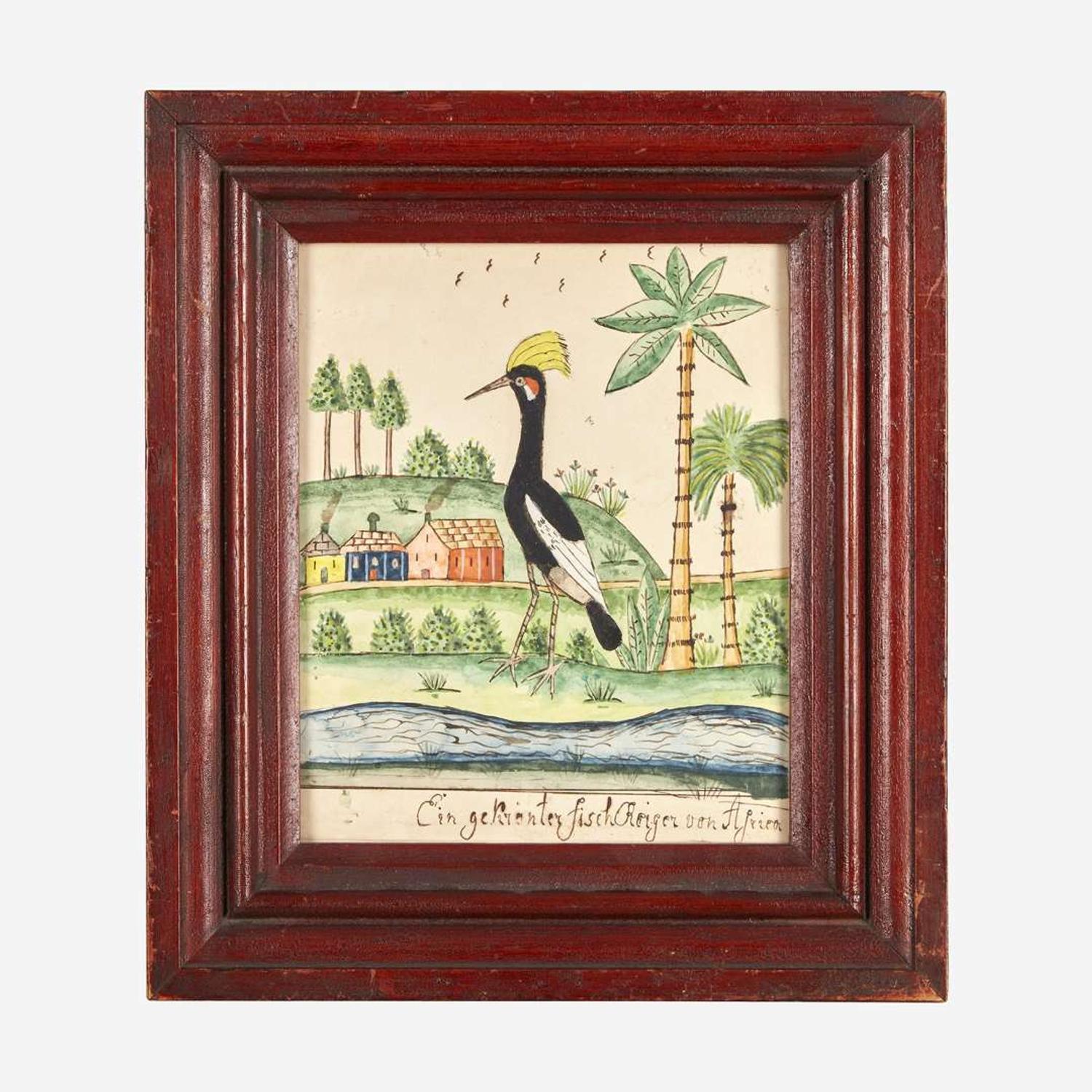 Attributed to the Exotic Scenery Artist A Schwenkfelder Fraktur: The Crane from Africa, circa 1820