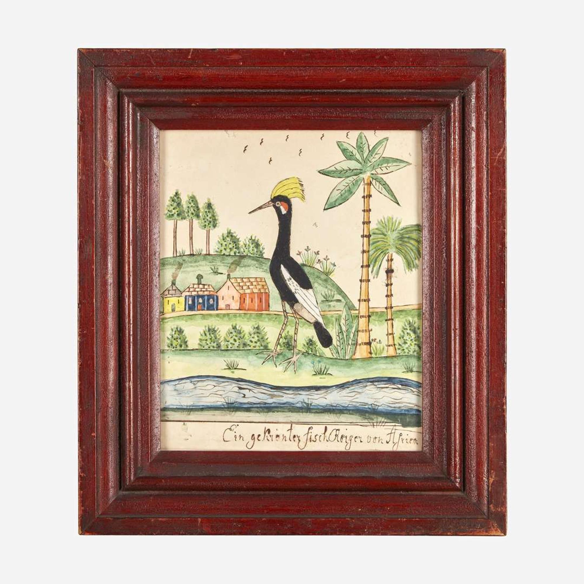 Attributed to the Exotic Scenery Artist A Schwenkfelder Fraktur: The Crane from Africa, circa 1820
