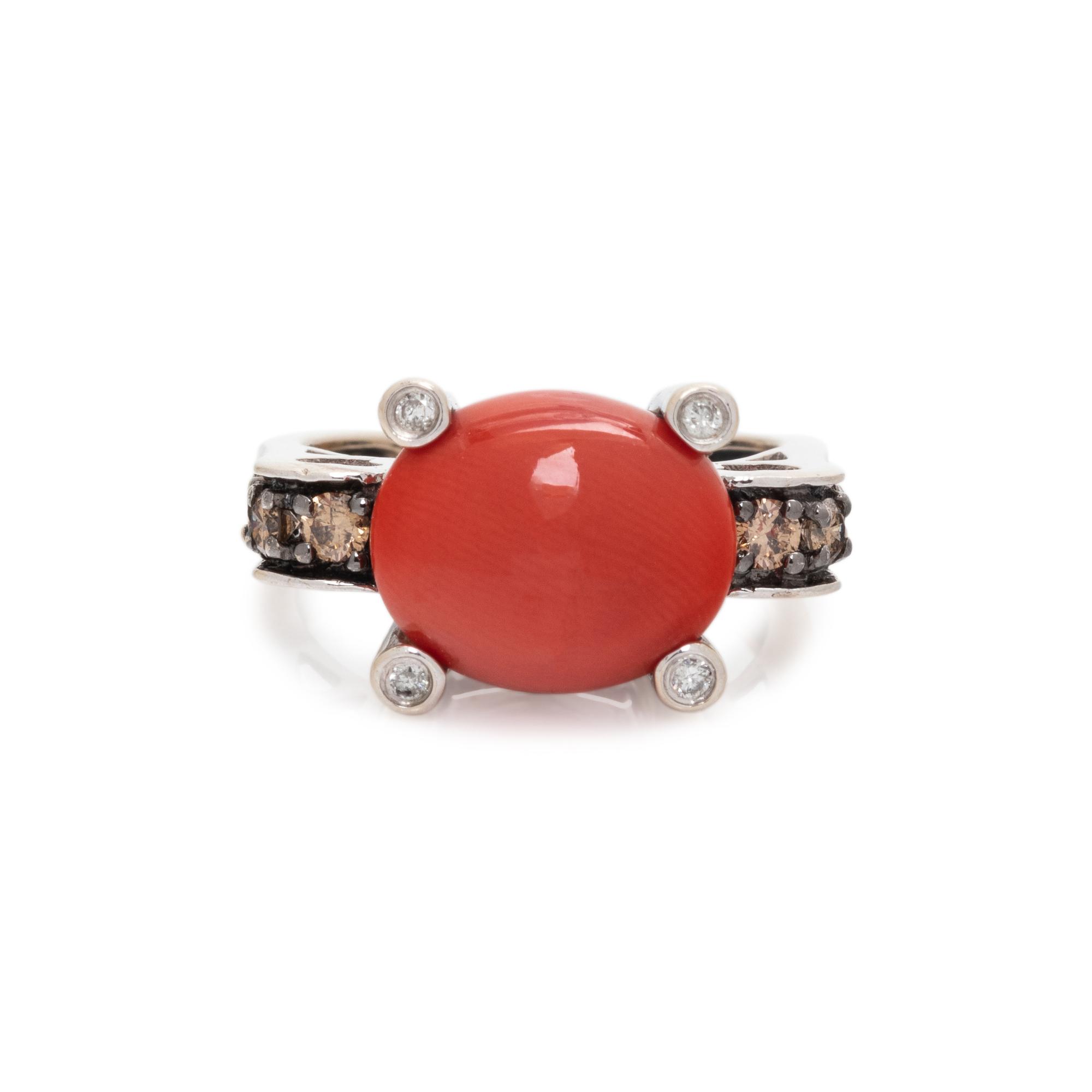 CORAL, DIAMOND AND COLORED DIAMOND RING
