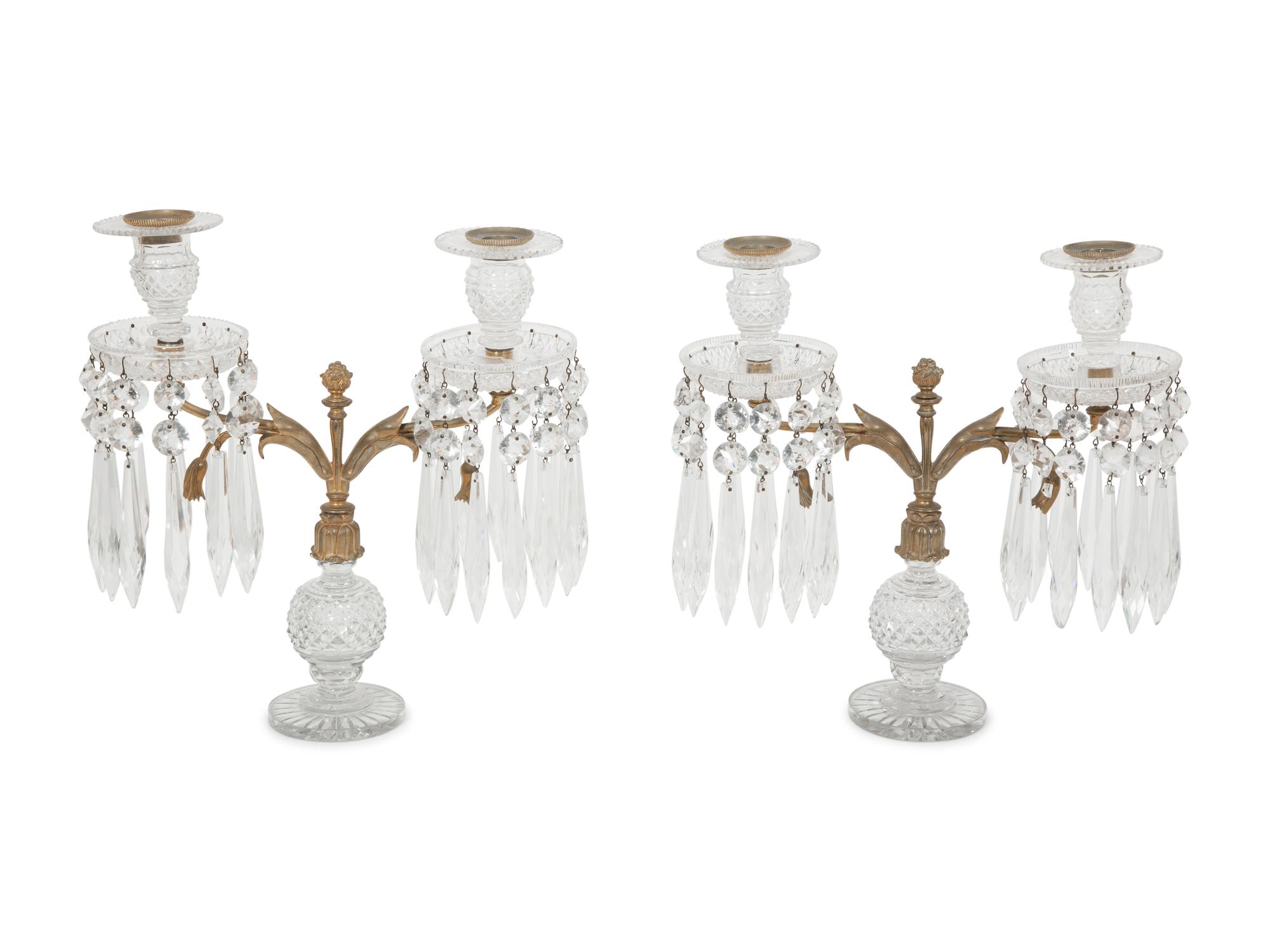 A Pair of Regency Style Gilt Bronze and Cut Glass Two-Light Candelabra