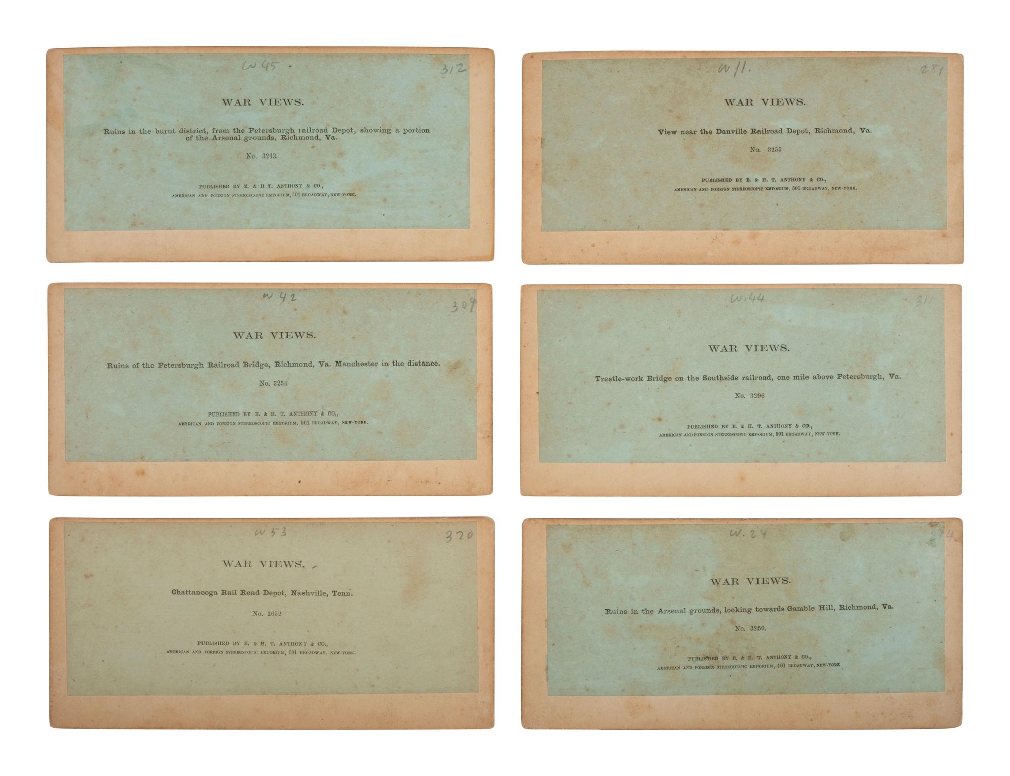[CIVIL WAR]. 11 stereoviews ft. railroad depots, locomotives, & other transportation subjects.
