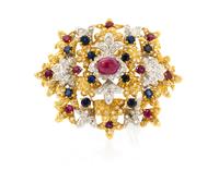 An 18 Karat Gold, Ruby, Sapphire and Diamond Brooch, 18.70 dwts.