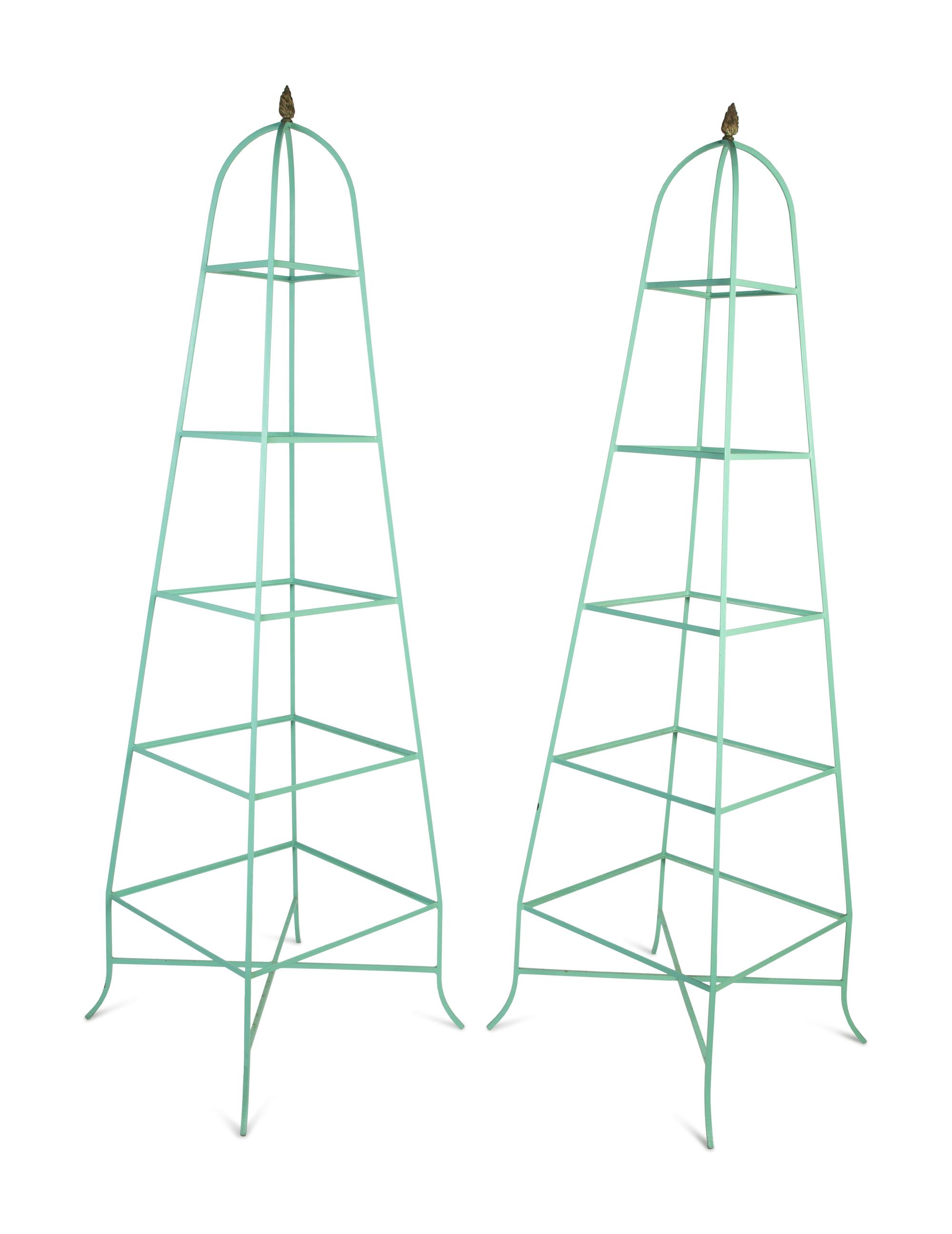 A Pair of Obelisk Form Painted Metal Five-Shelf Etageres — 20TH CENTURY
