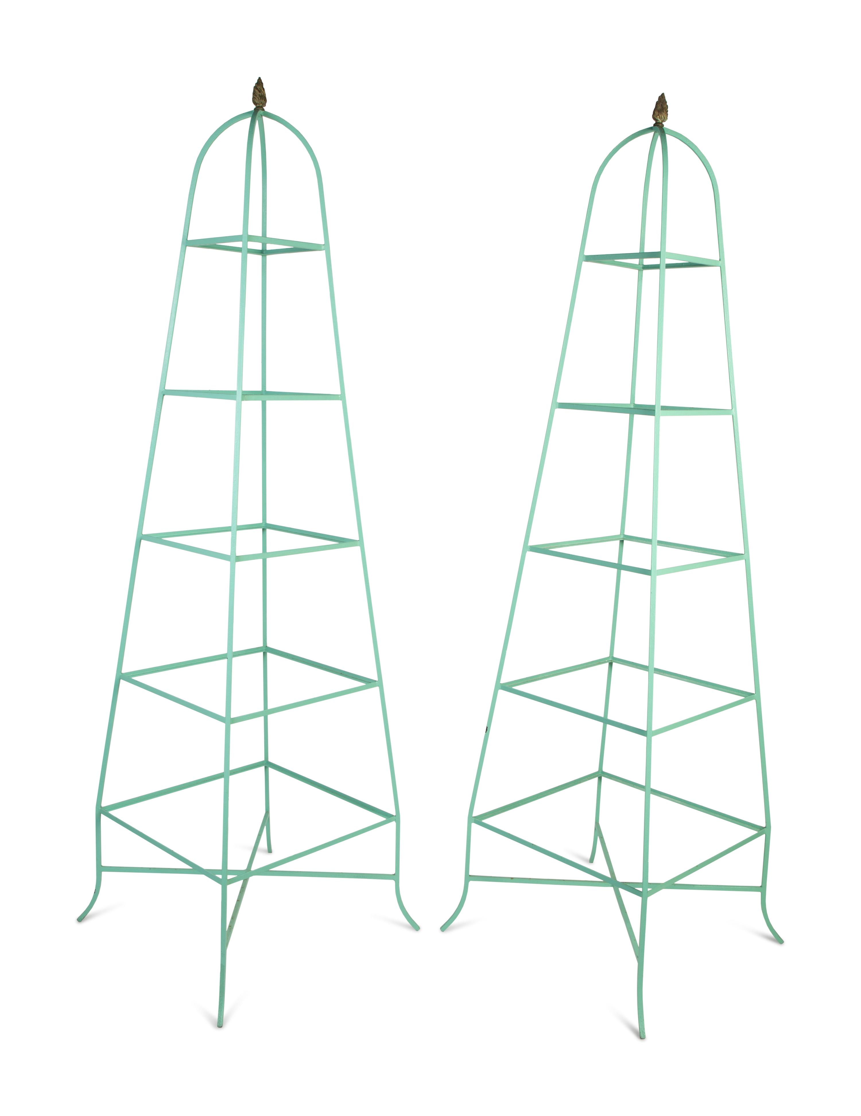 A Pair of Obelisk Form Painted Metal Five-Shelf Etageres — 20TH CENTURY