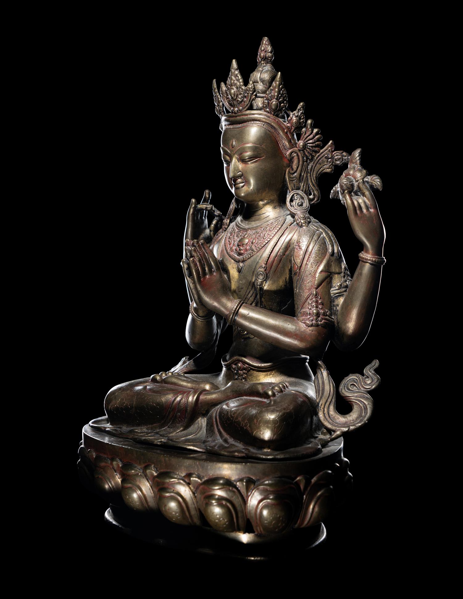 A Large Tibetan Gilt Bronze Figure of Shadakshari Lokeshvara