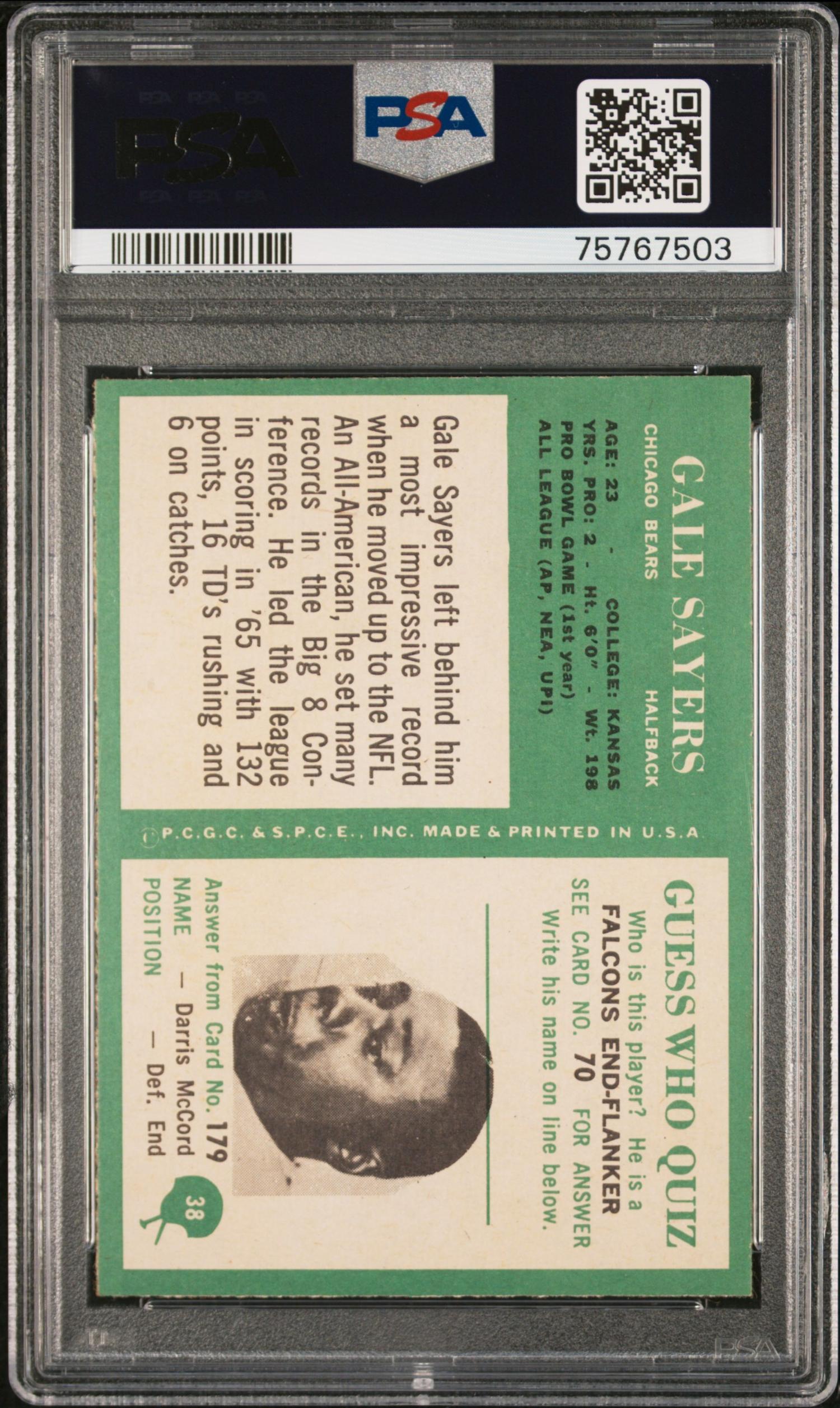 A 1966 Philadelphia Gale Sayers Rookie Football Card No. 38 (PSA 7 NM)