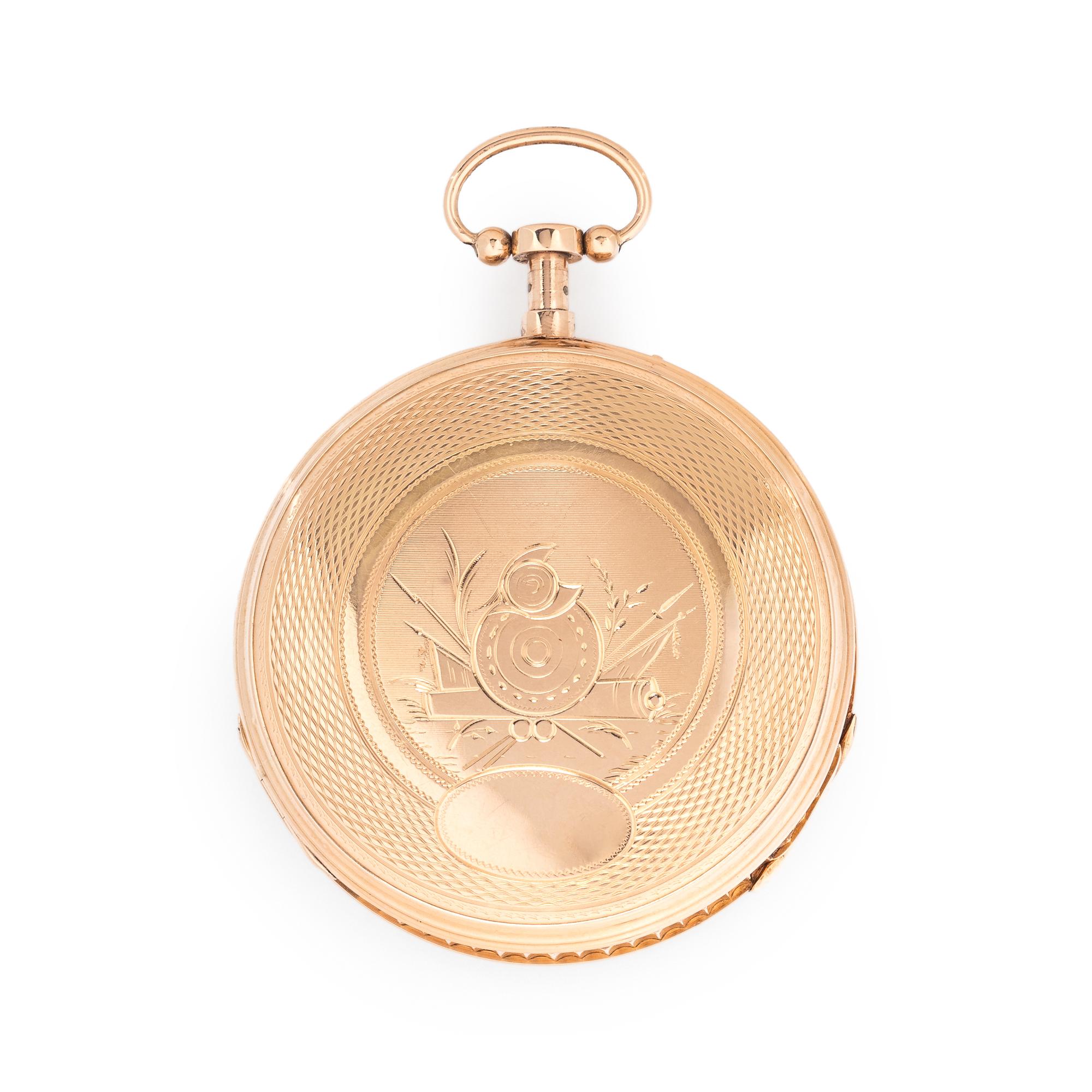 18K YELLOW GOLD AUTOMATON QUARTER REPEATER OPEN FACE POCKET WATCH