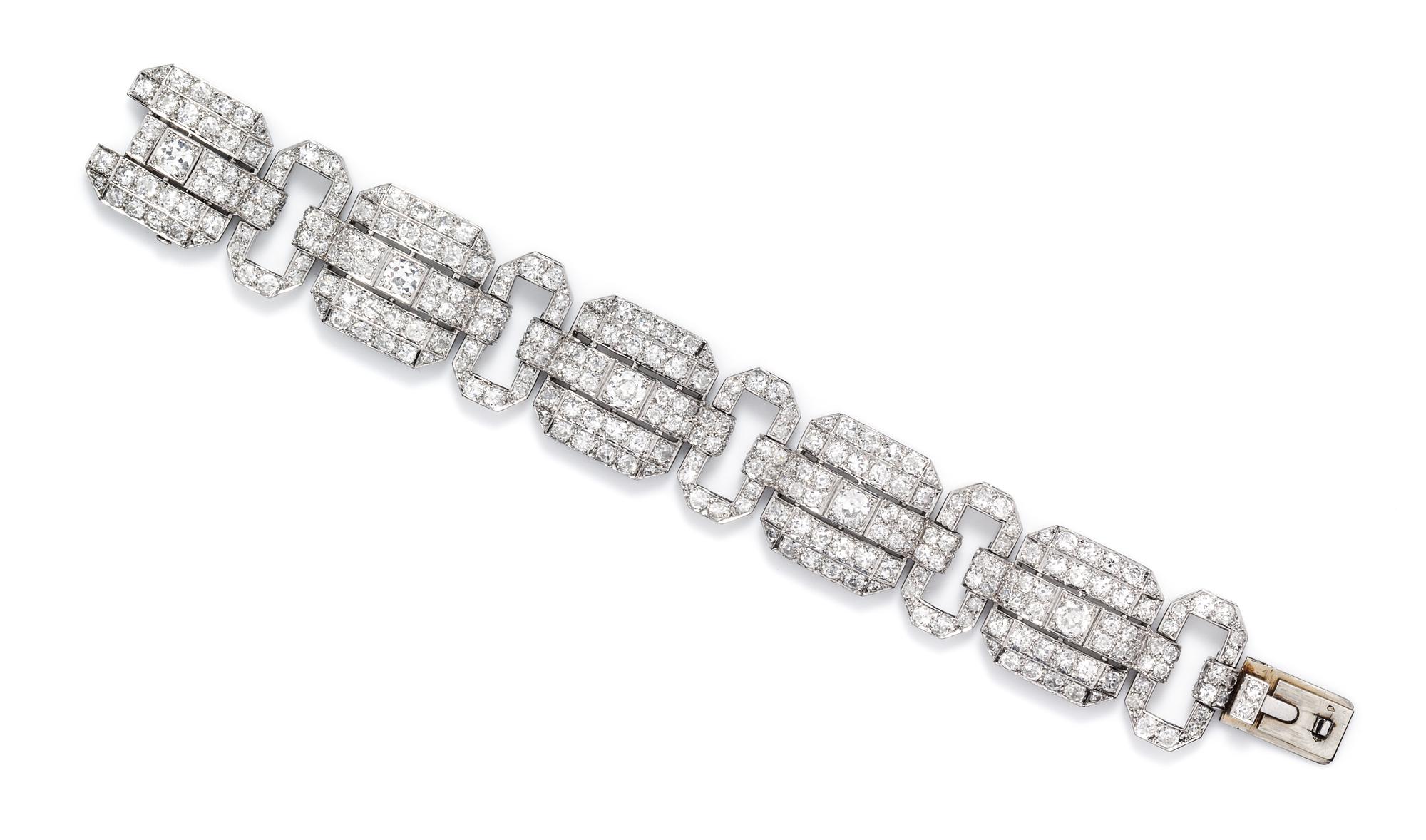 An Art Deco Platinum, 18 Karat White Gold and Diamond Bracelet, French, 38.20 dwts.