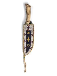Sioux Beaded Buffalo Hide Knife Sheath and Antler Handle Knife