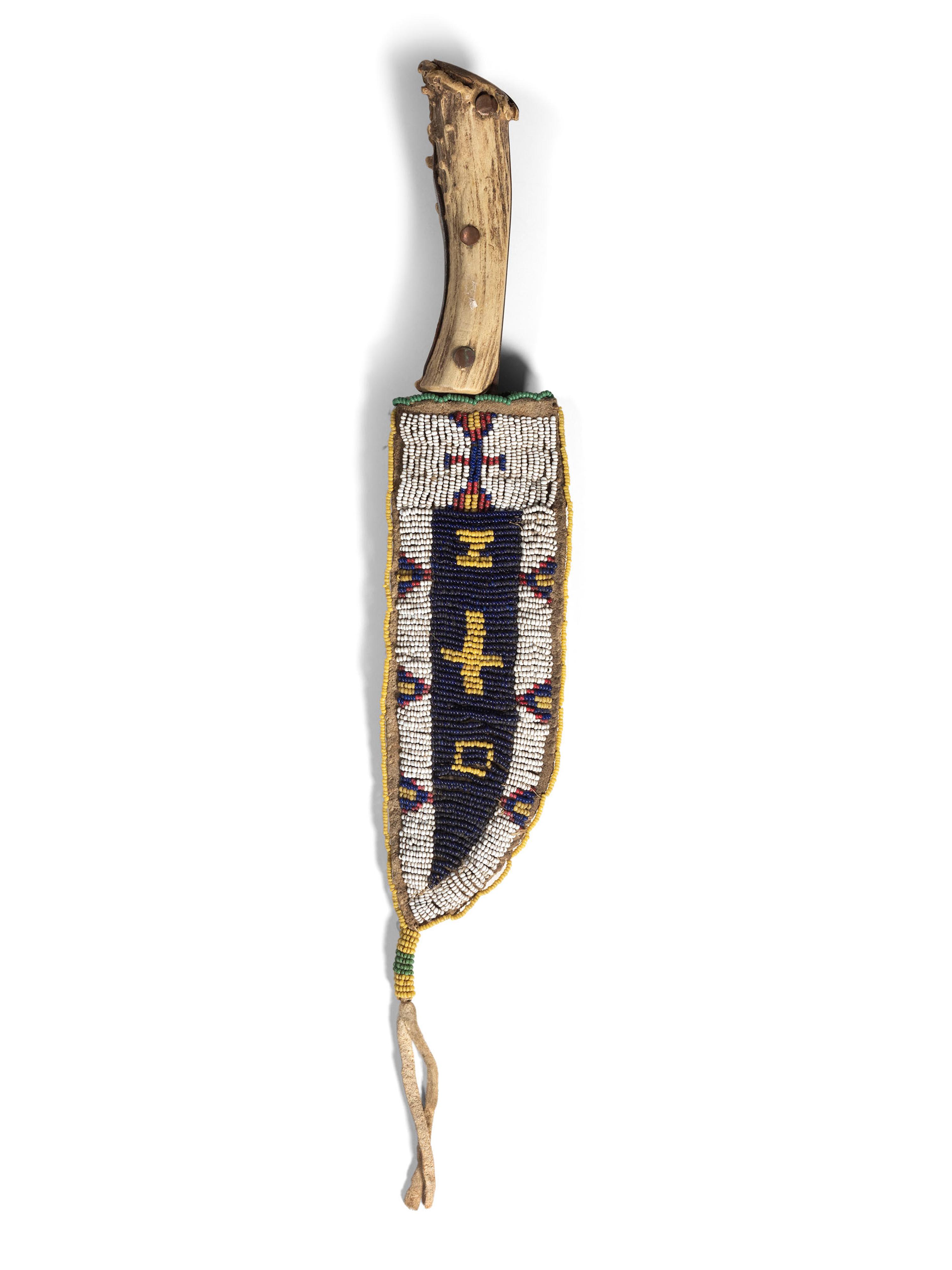 Sioux Beaded Buffalo Hide Knife Sheath and Antler Handle Knife