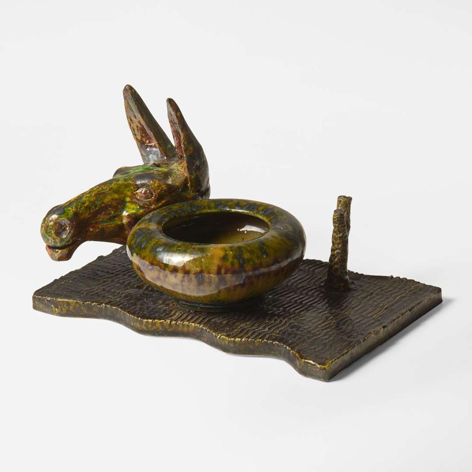 George Ohr (American, 1857-1918) Novelty Inkwell and Pen Tray with Mule in Speckled and Mottled Olive Green and Brown Glaze, Biloxi, Mississippi, USA, circa 1895-1896