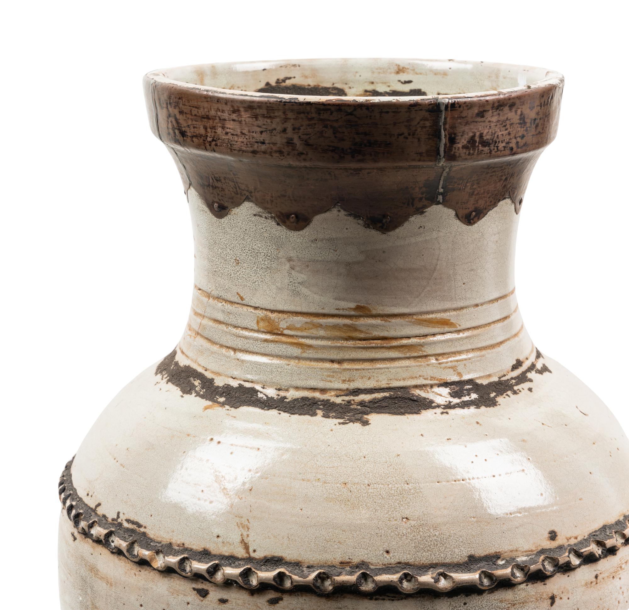 A Pair of Near Eastern Style Metal Mounted Glazed Terra Cotta Floor Vases