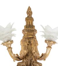 A Pair of Neoclassical Gilt Metal Five-Light Sconces with Frosted Glass Shades