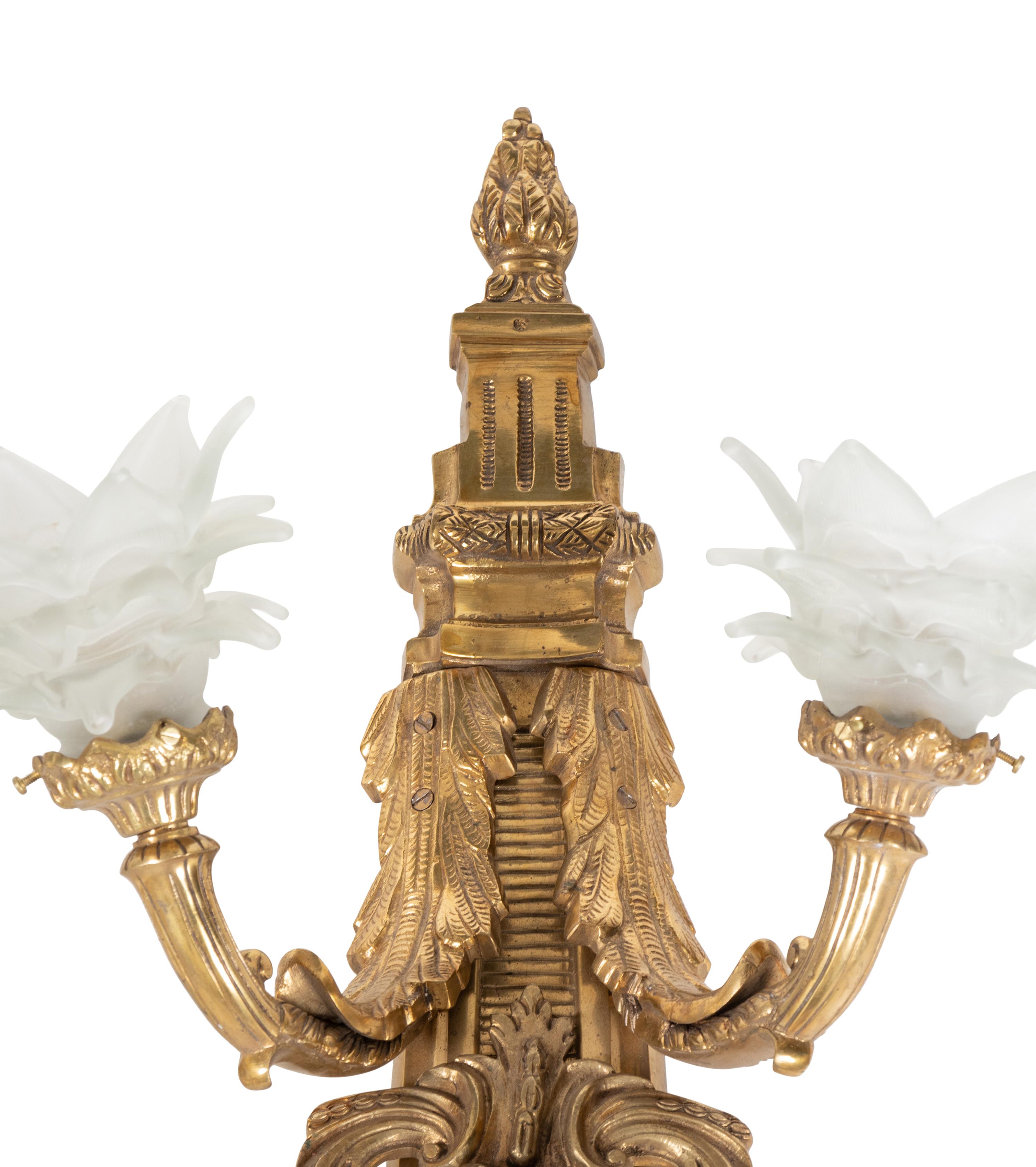 A Pair of Neoclassical Gilt Metal Five-Light Sconces with Frosted Glass Shades