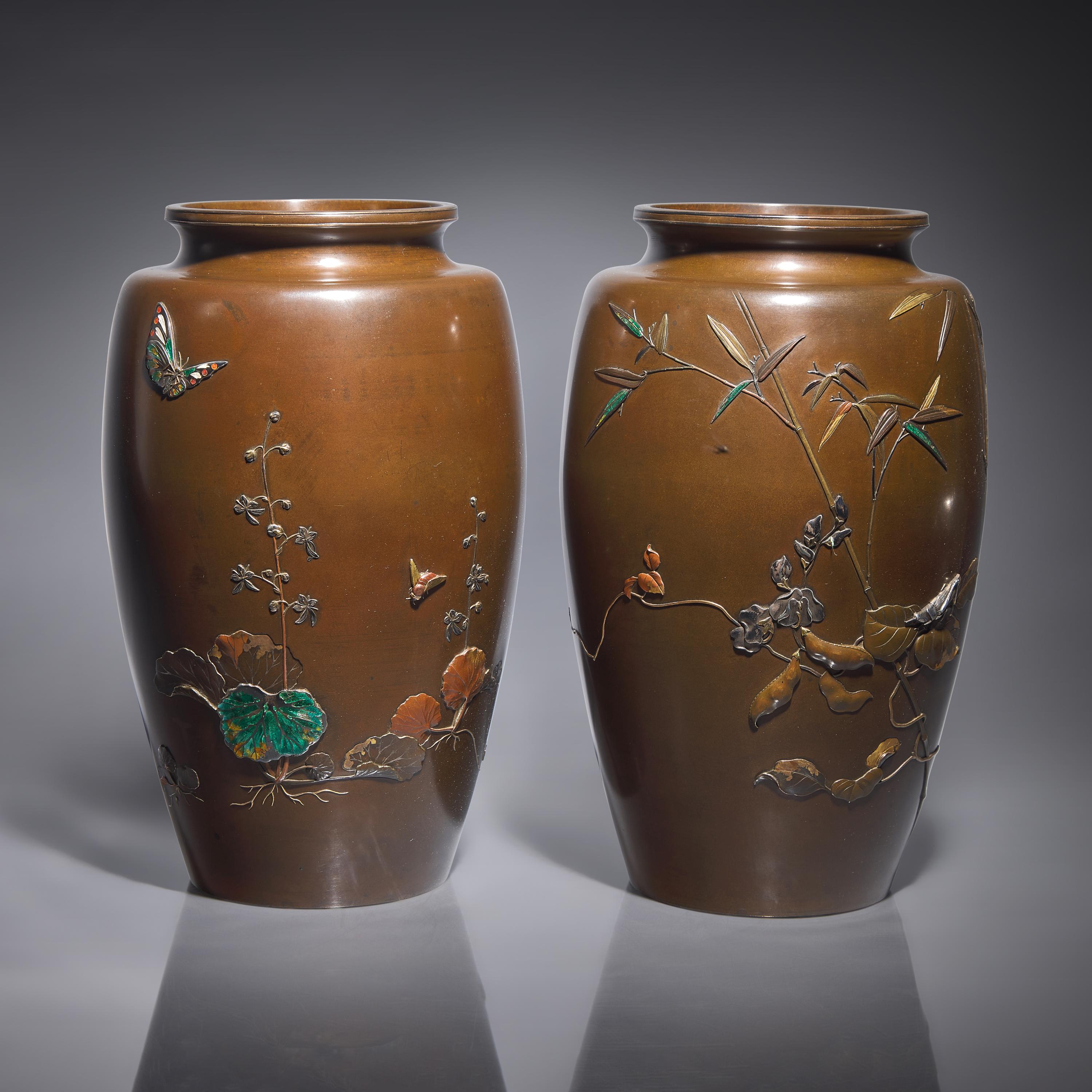 A Pair of Japanese Enameled and Mixed Metal-Inlaid Patinated Bronze Vases, Attributed to Saito, Meiji Period — 日本明治時期 高肉象嵌銅瓶一對