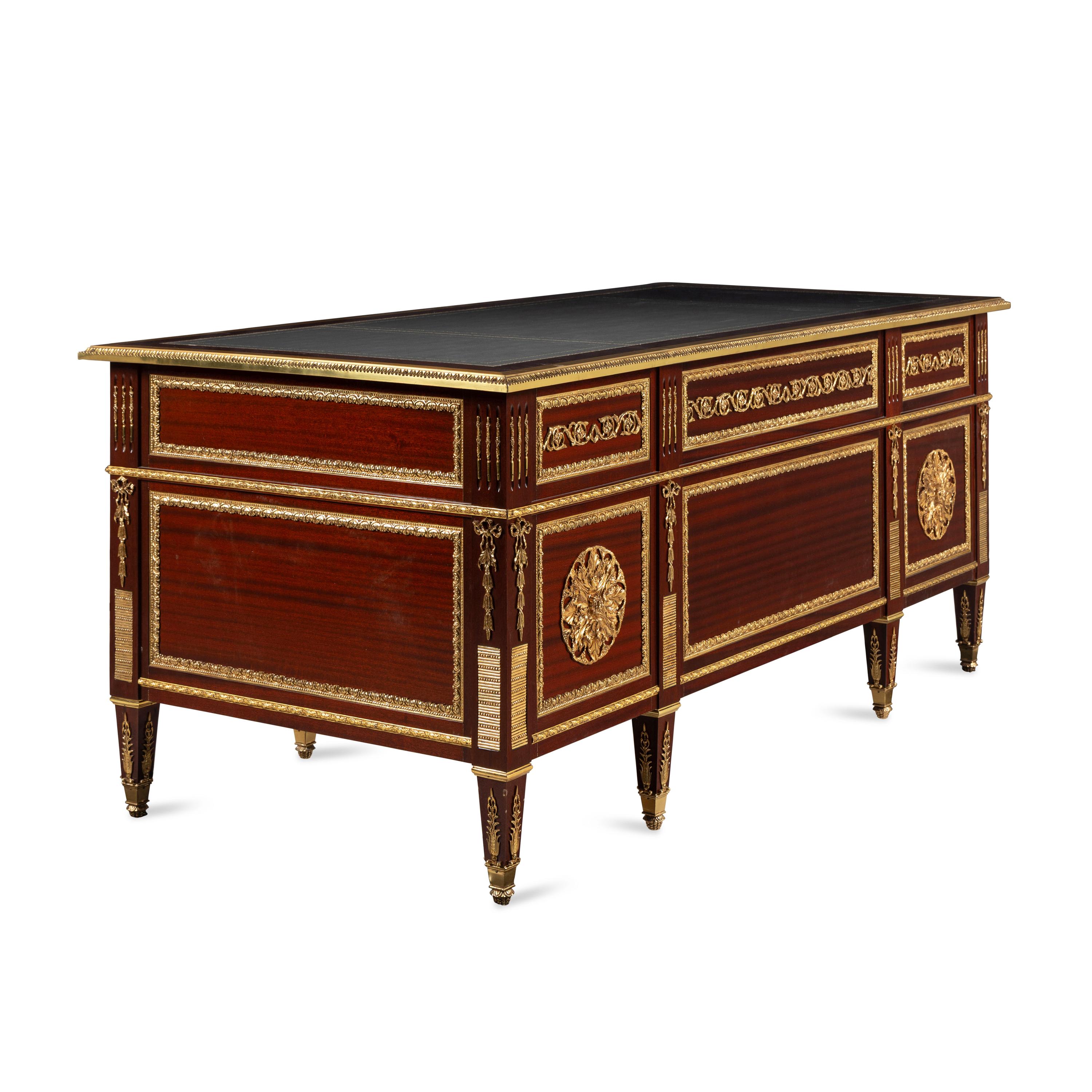 A Louis XVI Style Gilt Bronze Mounted Mahogany Bureau Plat