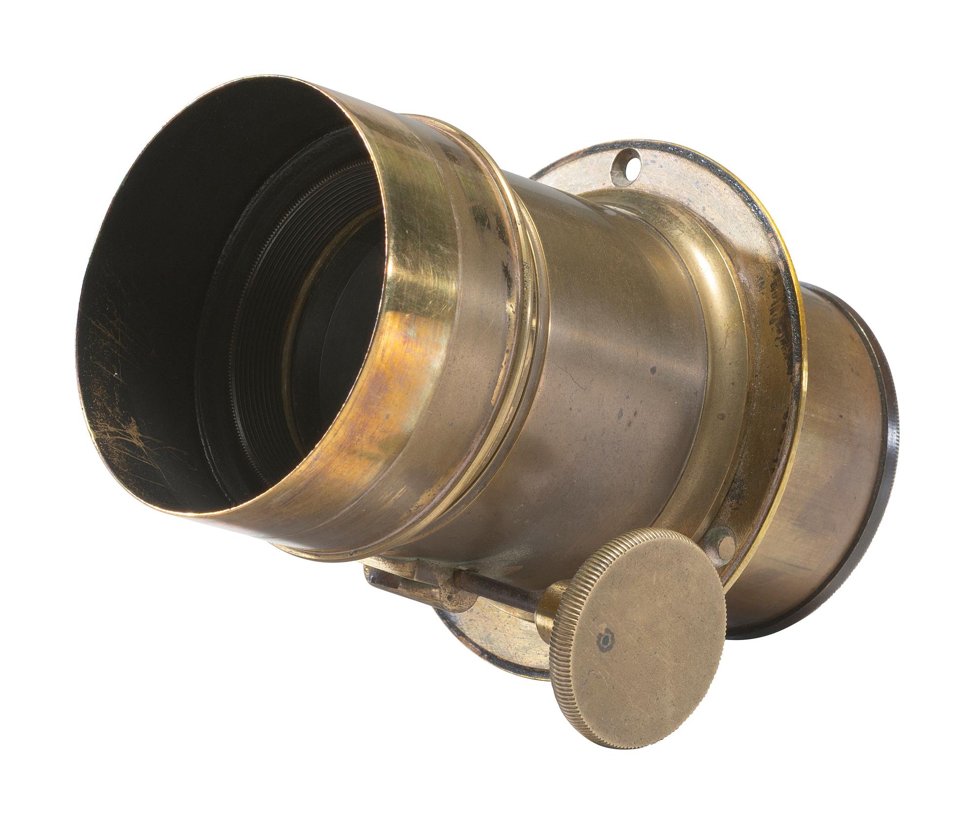 [CAMERAS]. Sixth plate daguerreotype lens with flange and brass cap.