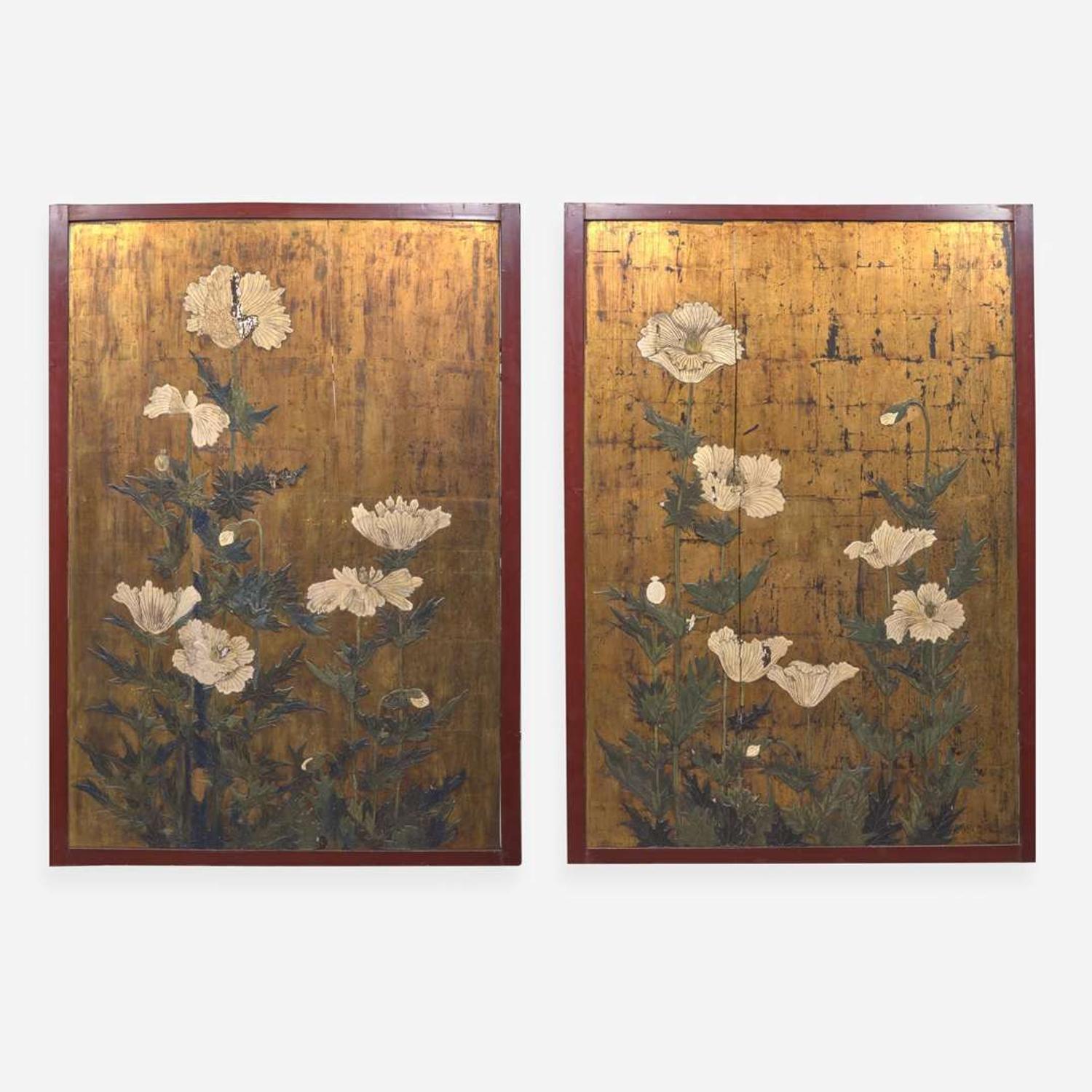 A pair of large Japanese gold-ground "Poppies" panels 日本金地罌粟花大屏風一對 Edo period ????
