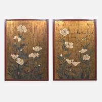 A pair of large Japanese gold-ground "Poppies" panels 日本金地罌粟花大屏風一對 Edo period ????