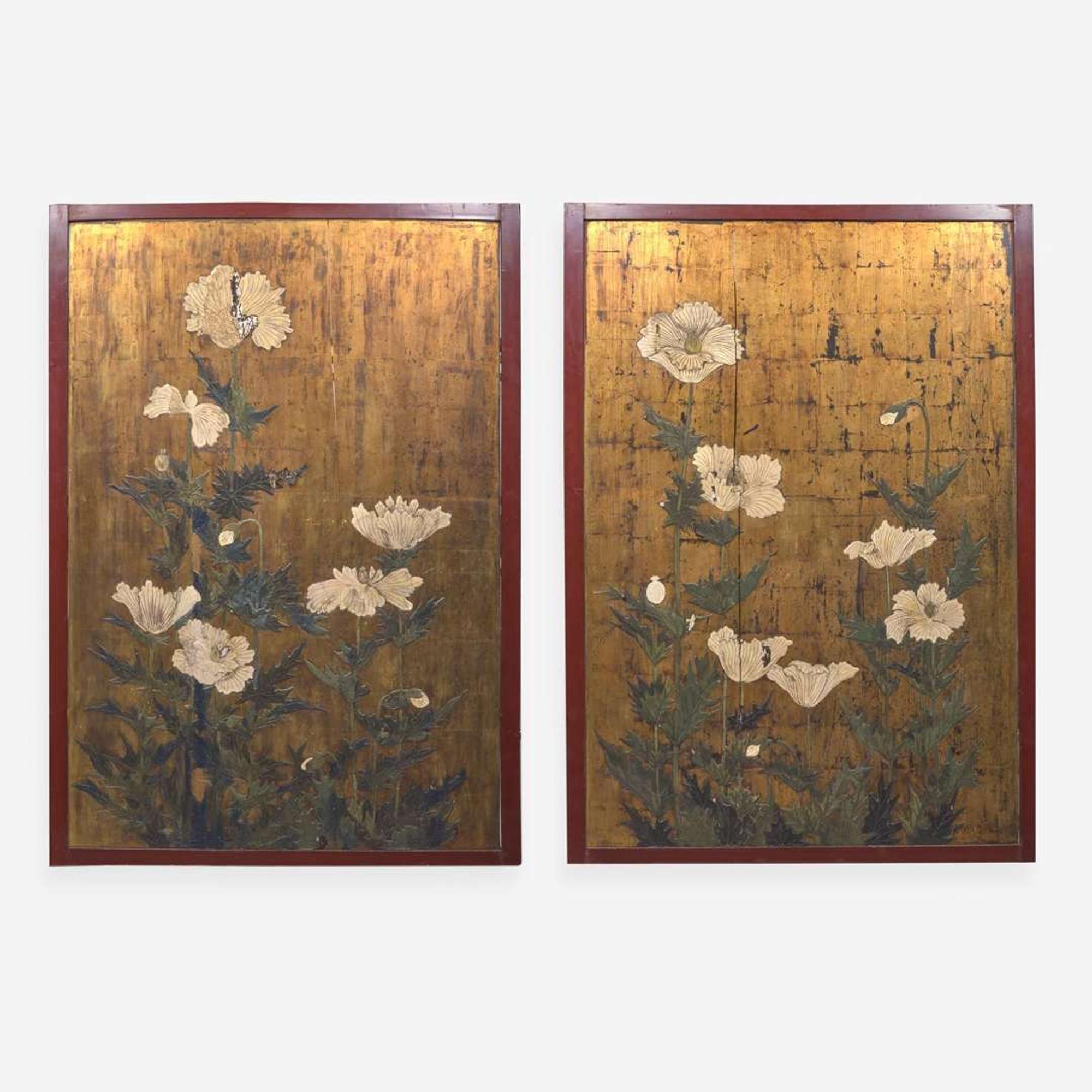 A pair of large Japanese gold-ground "Poppies" panels 日本金地罌粟花大屏風一對 Edo period ????