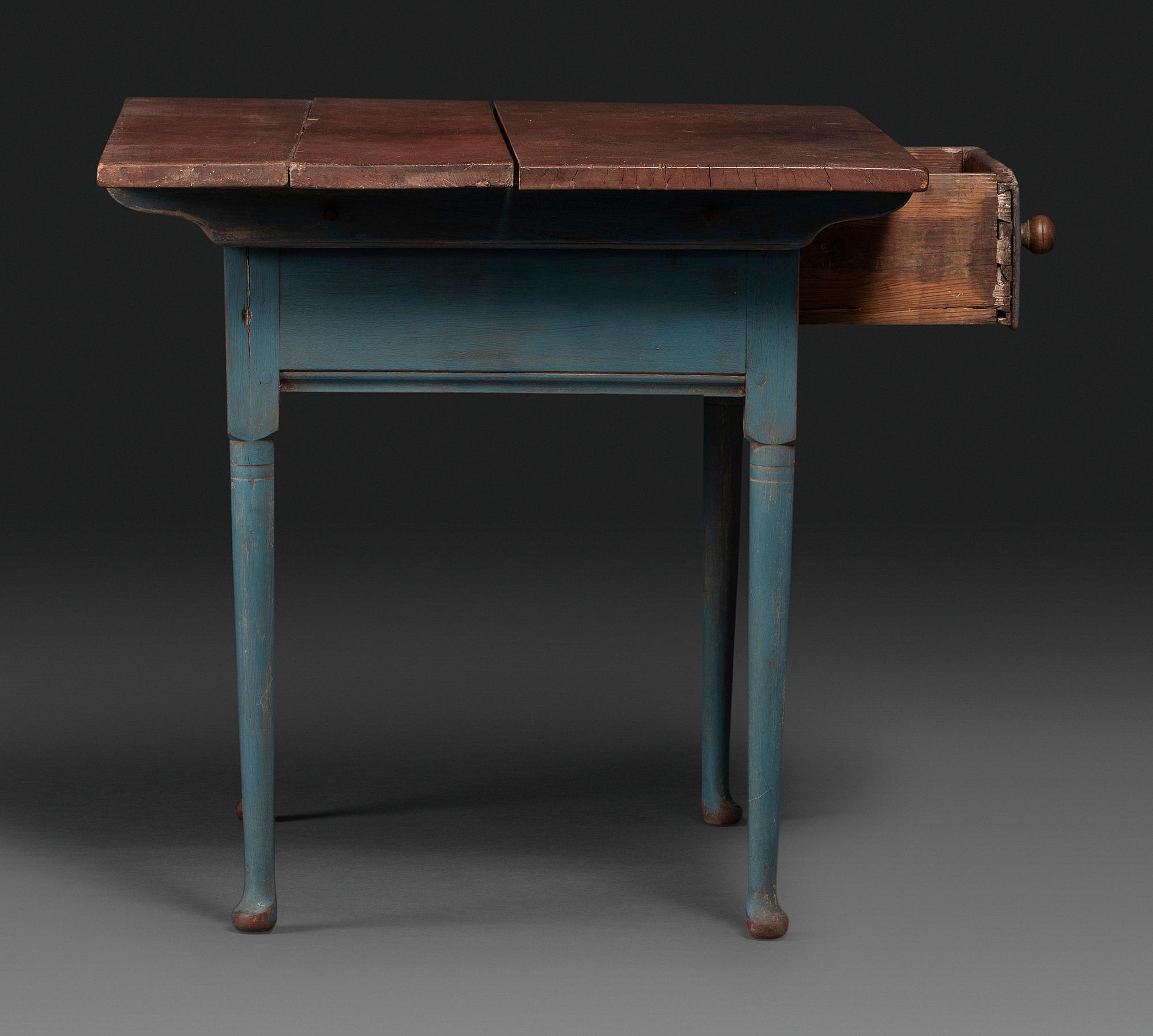 A Country Queen Anne Blue Painted and Red-Stained Walnut Tavern Table