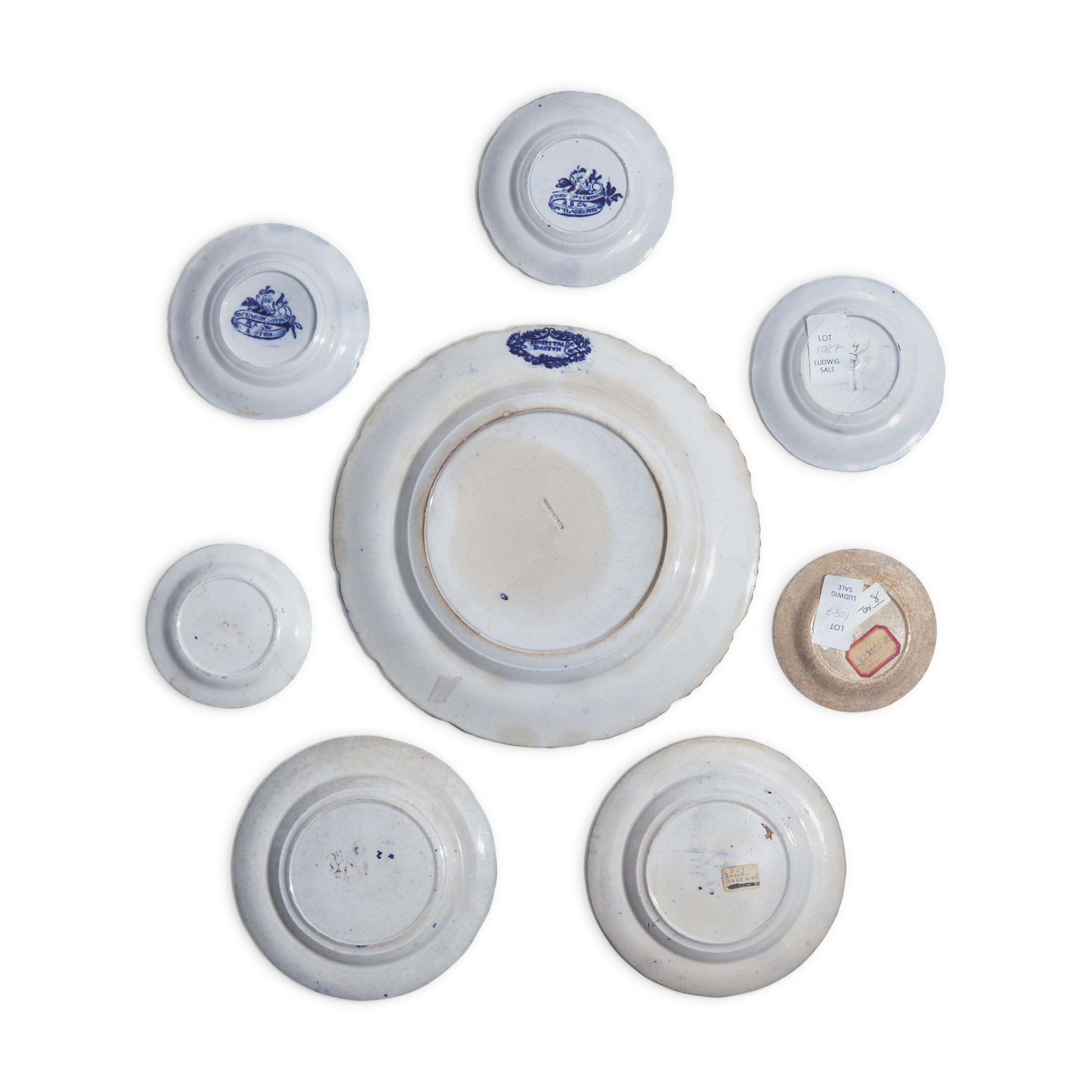 Eight Staffordshire Historical Blue Transferware Cup and Small Plates of Philadelphia Interest