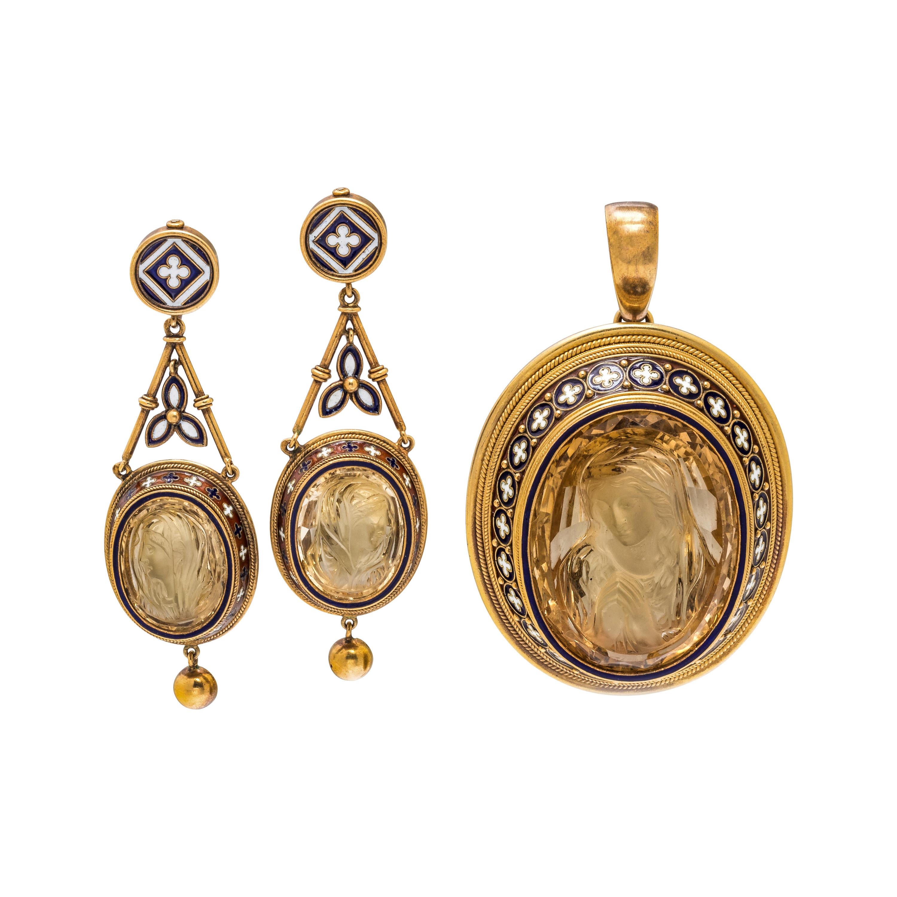 CARLI, GOTHIC REVIVAL, CARVED QUARTZ AND ENAMEL SET