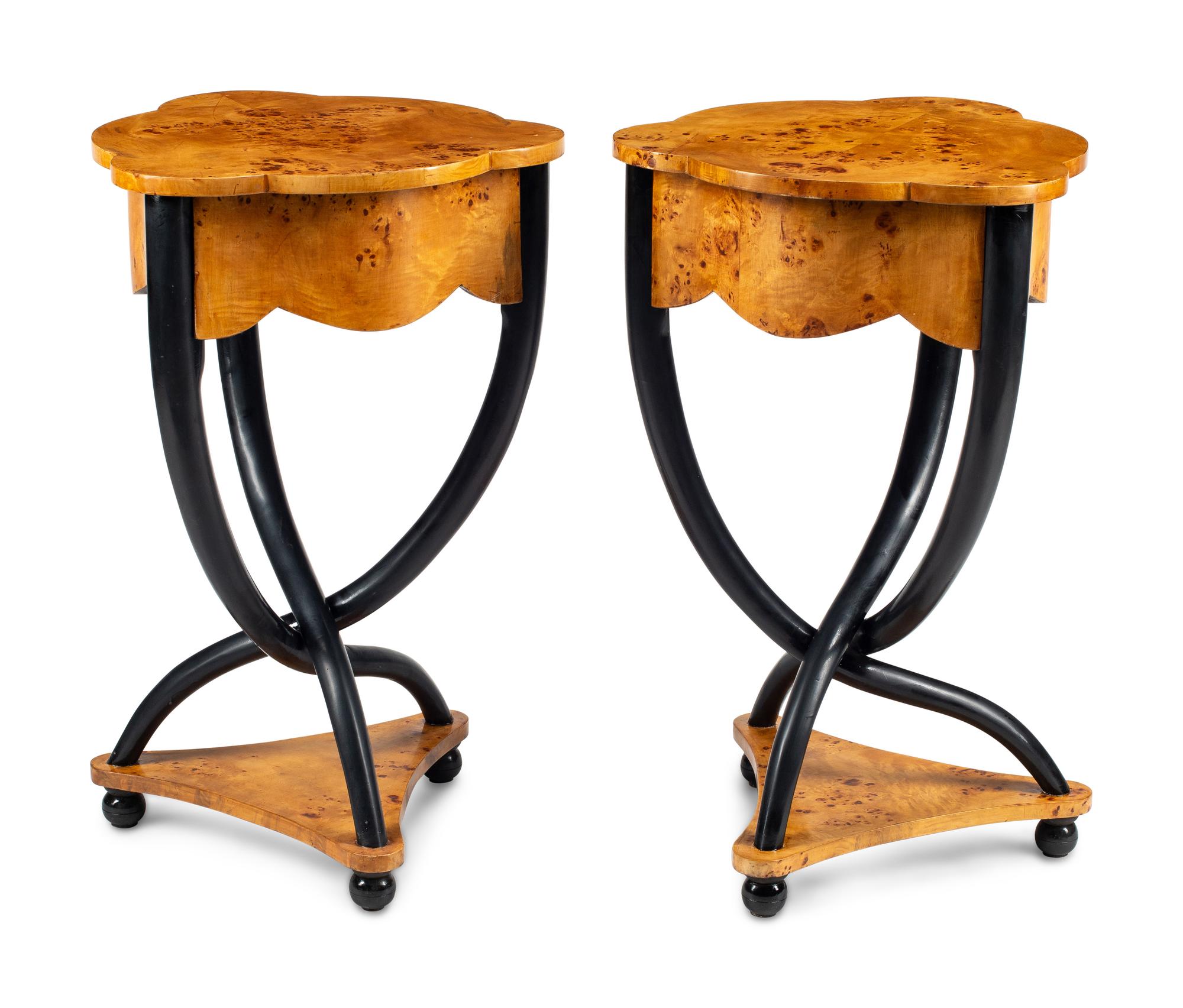 A Pair of Biedermeier Style Parcel Ebonized Triangular Side Tables