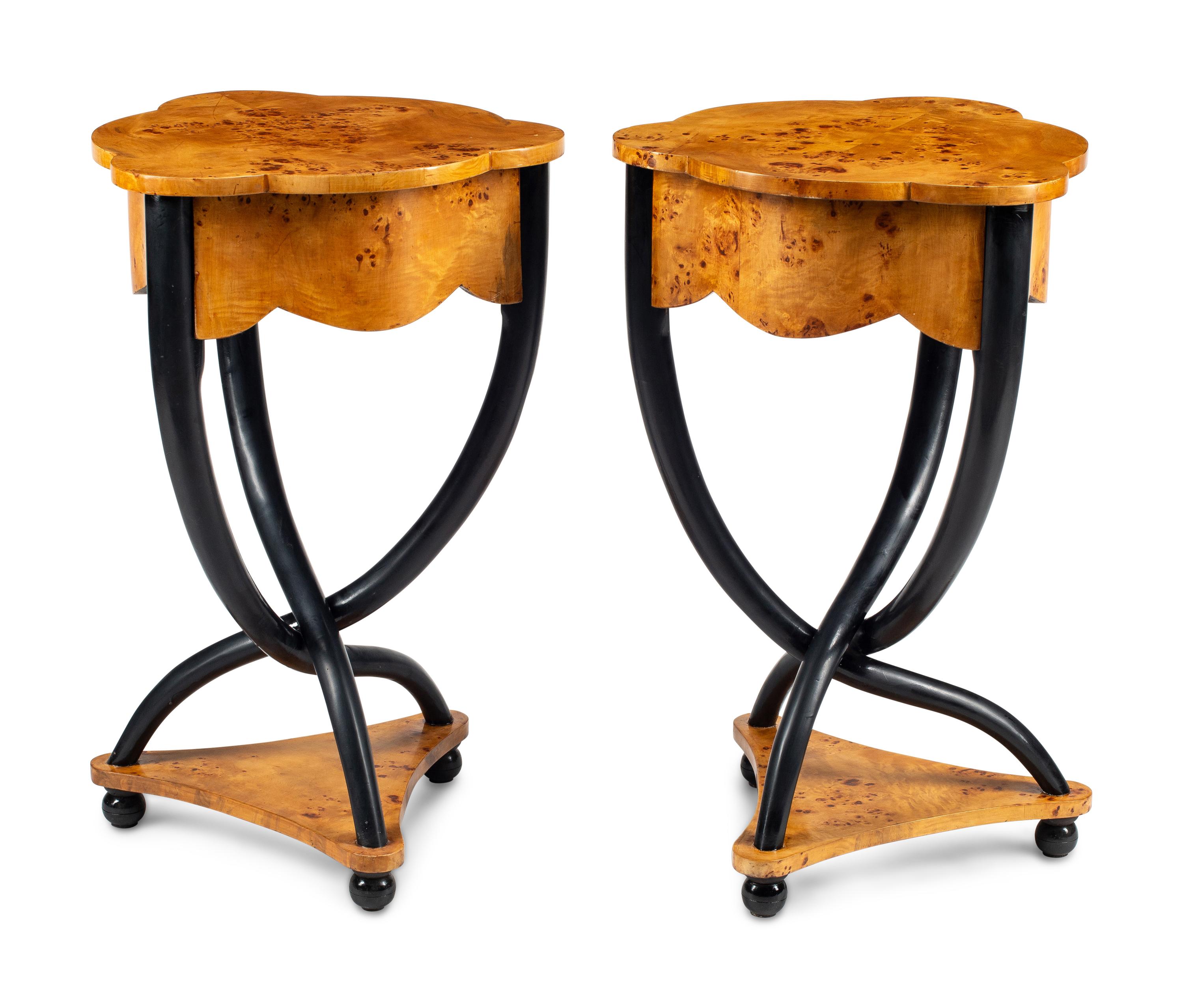 A Pair of Biedermeier Style Parcel Ebonized Triangular Side Tables