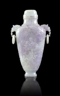 A Lavender and Pale Celadon Jadeite Doubled Dragon Handled Covered Vase