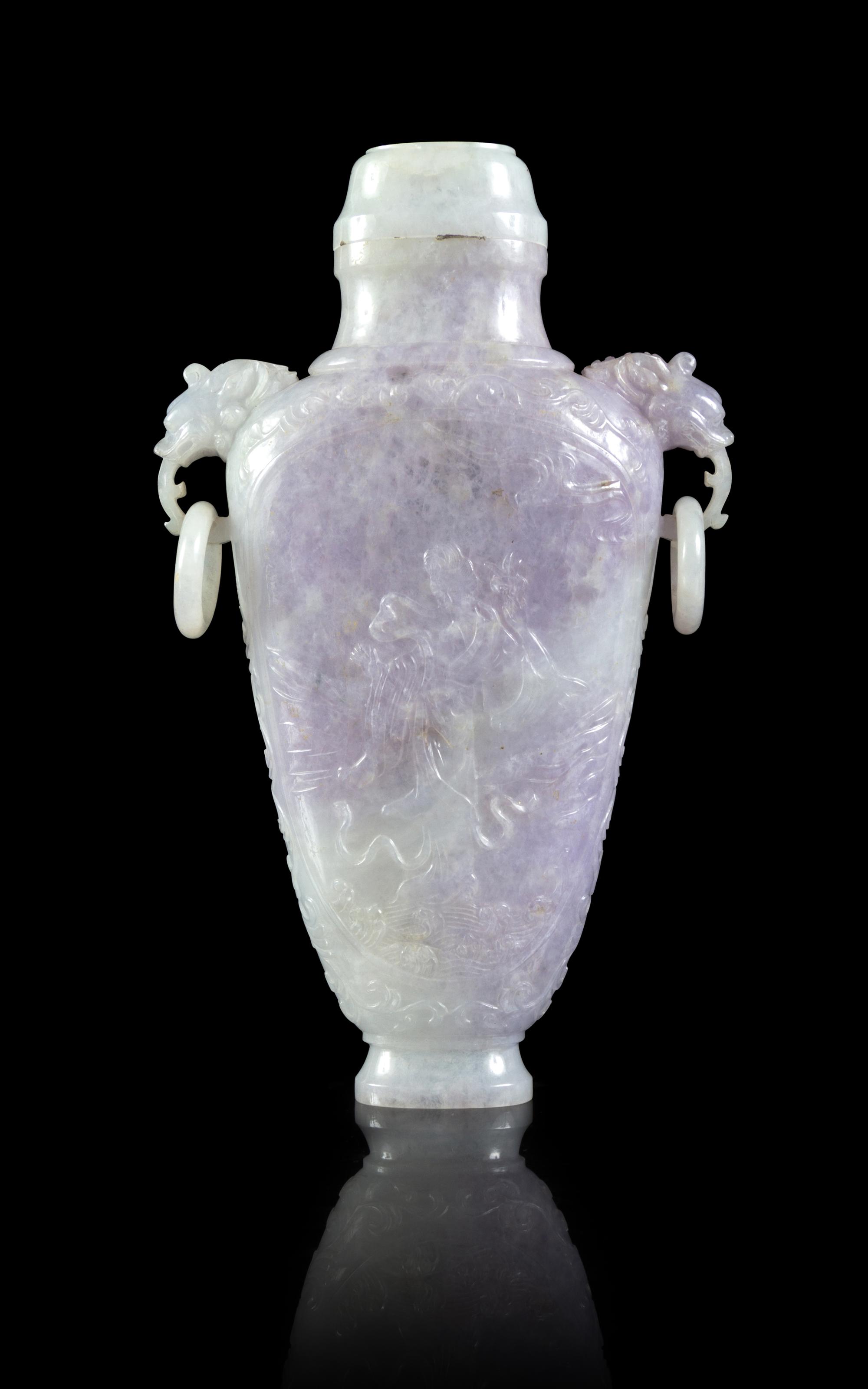 A Lavender and Pale Celadon Jadeite Doubled Dragon Handled Covered Vase