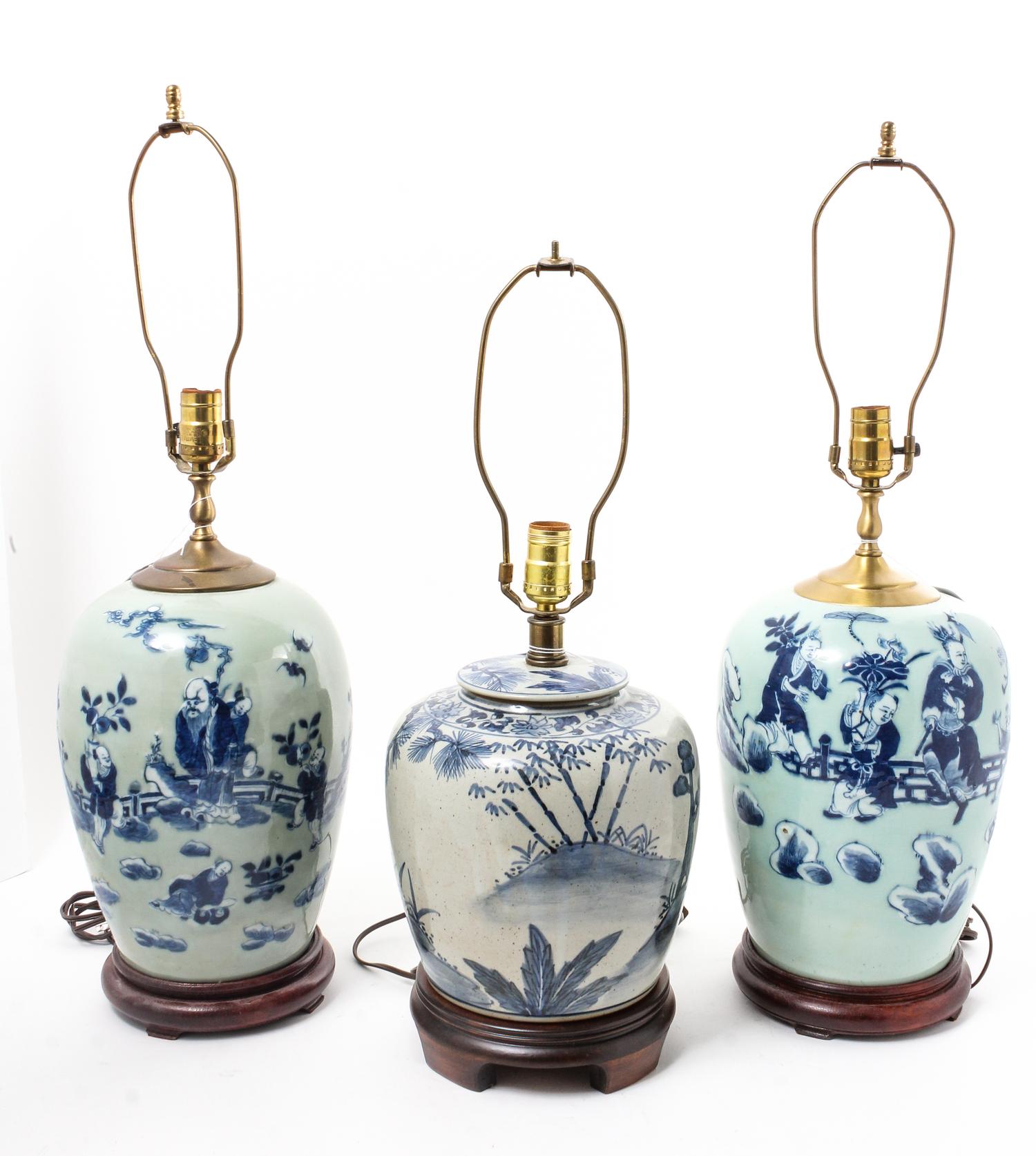 Three Chinese Porcelain Jars Height of taller pair 12 inches.