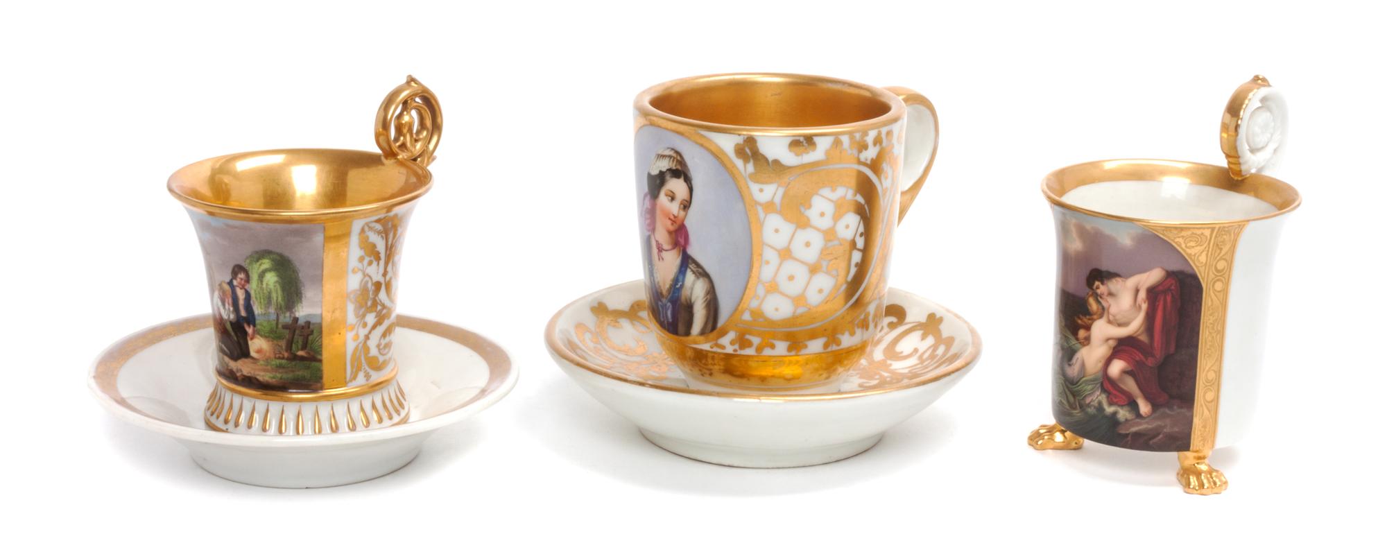 Three Continental Porcelain Cups Height of tallest 5 1/4 inches.
