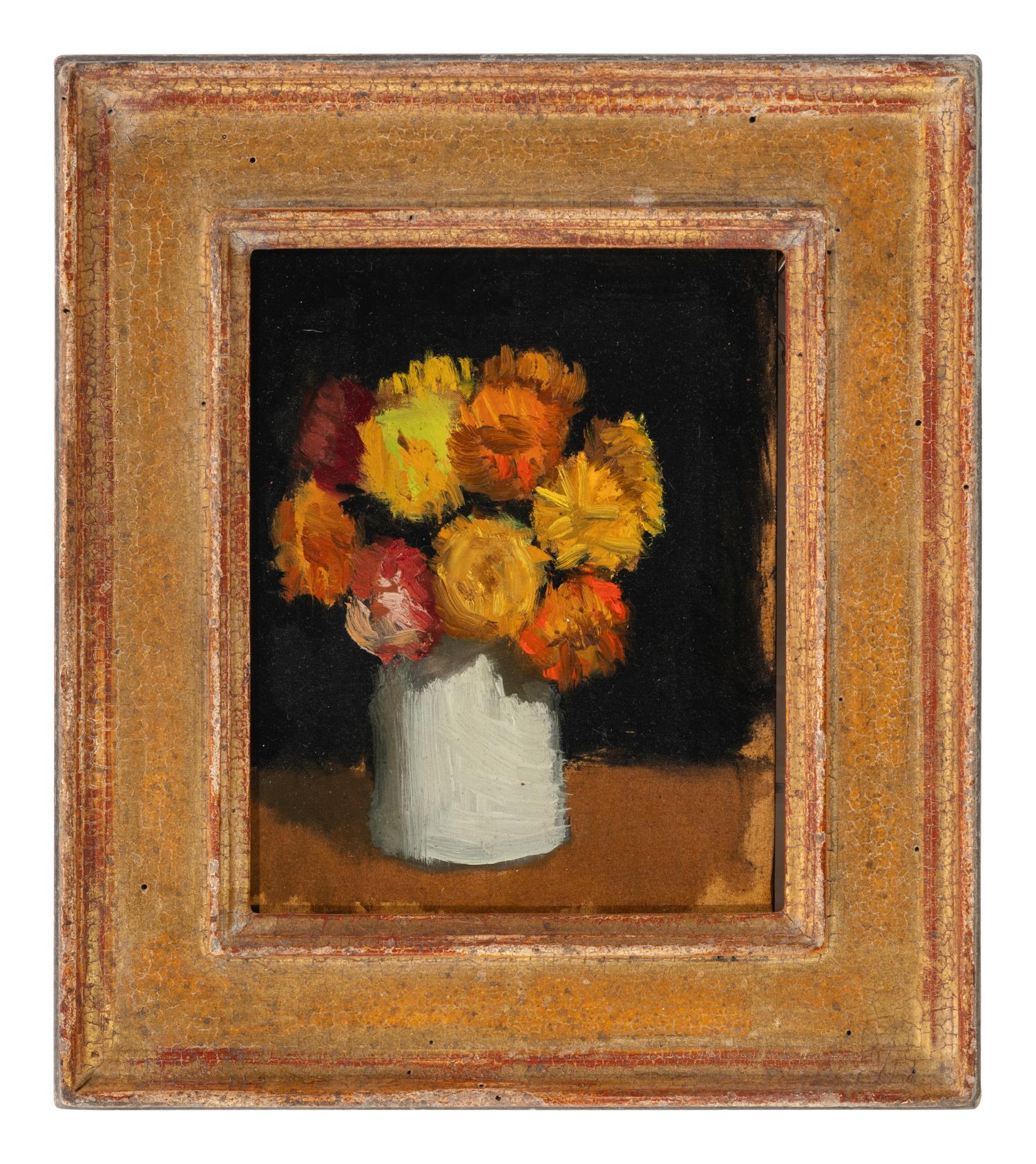 Cornflowers in a Gray Jar on Brown Surface Against a Black Background