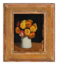 Cornflowers in a Gray Jar on Brown Surface Against a Black Background