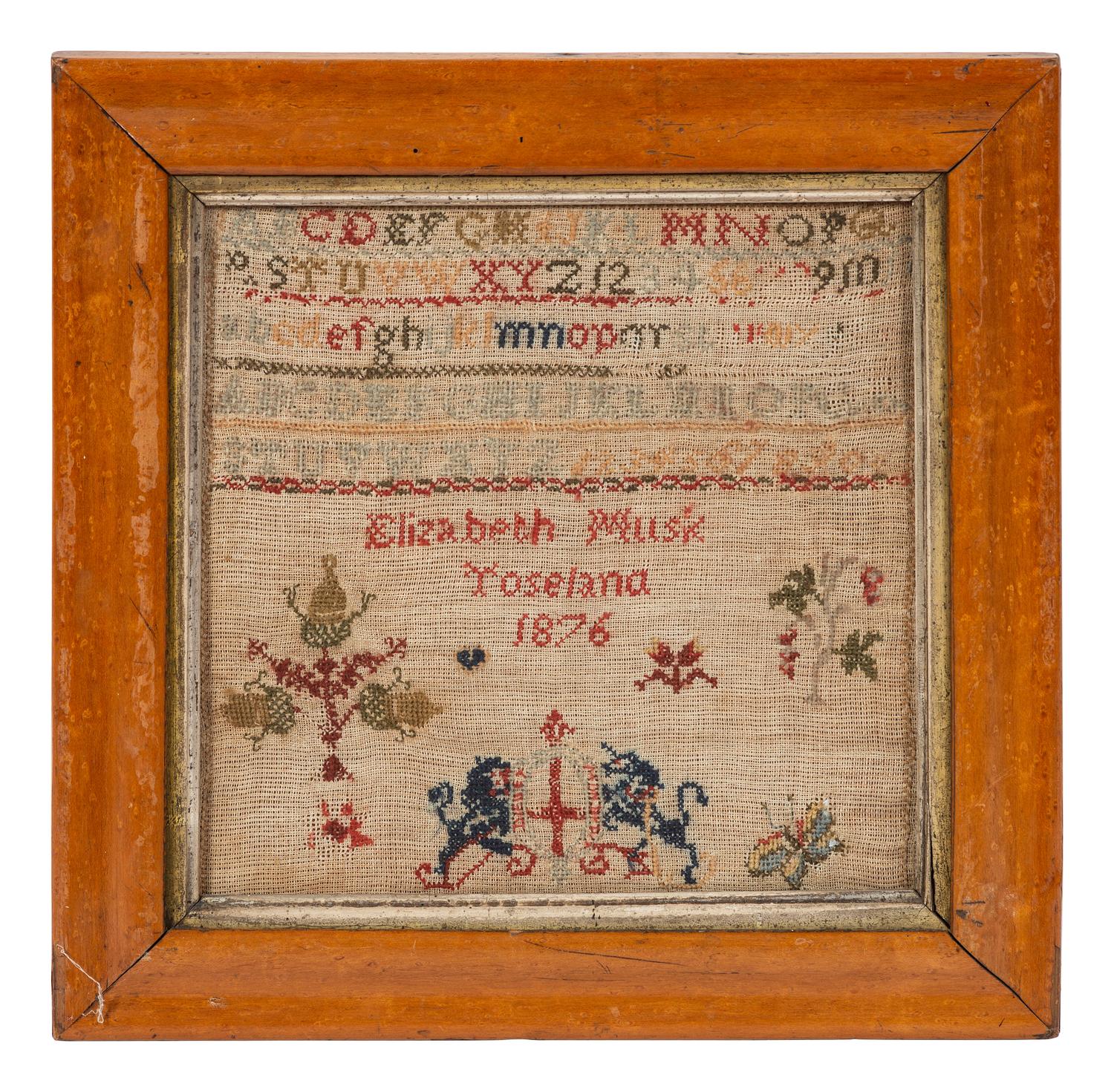 Four English Needlework Embroidered Pictorial Schoolgirl's Samplers