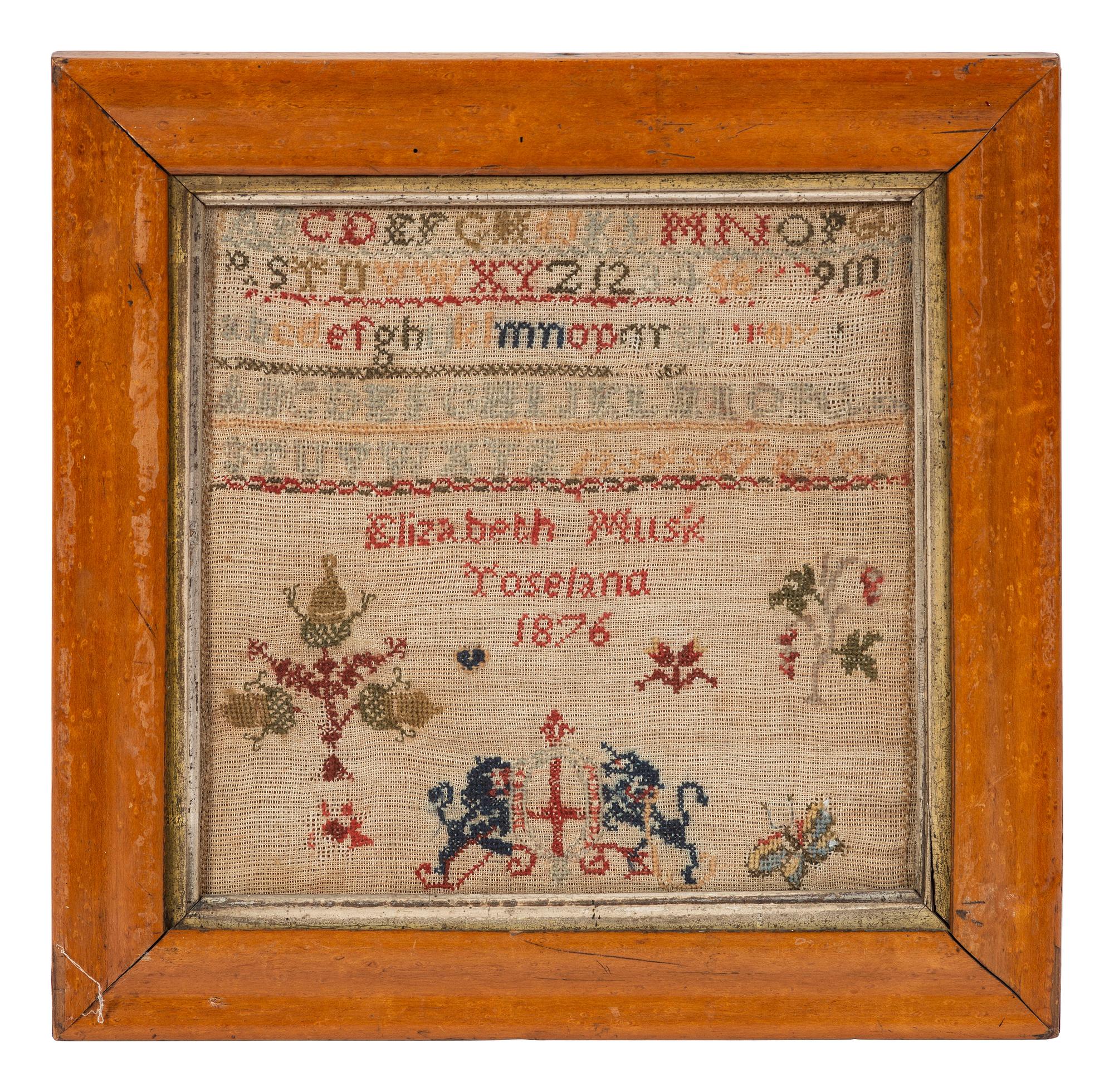 Four English Needlework Embroidered Pictorial Schoolgirl's Samplers