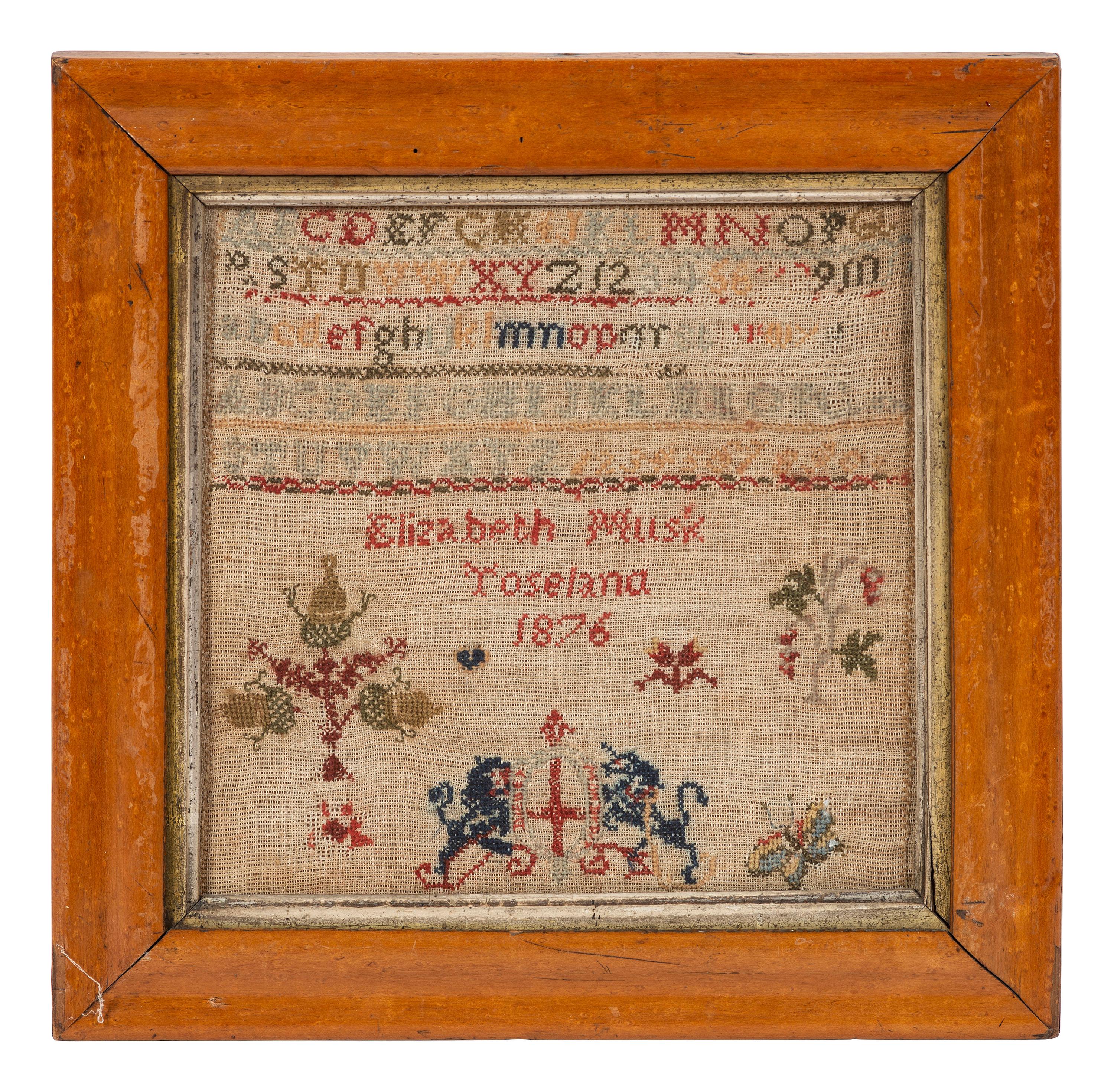 Four English Needlework Embroidered Pictorial Schoolgirl's Samplers